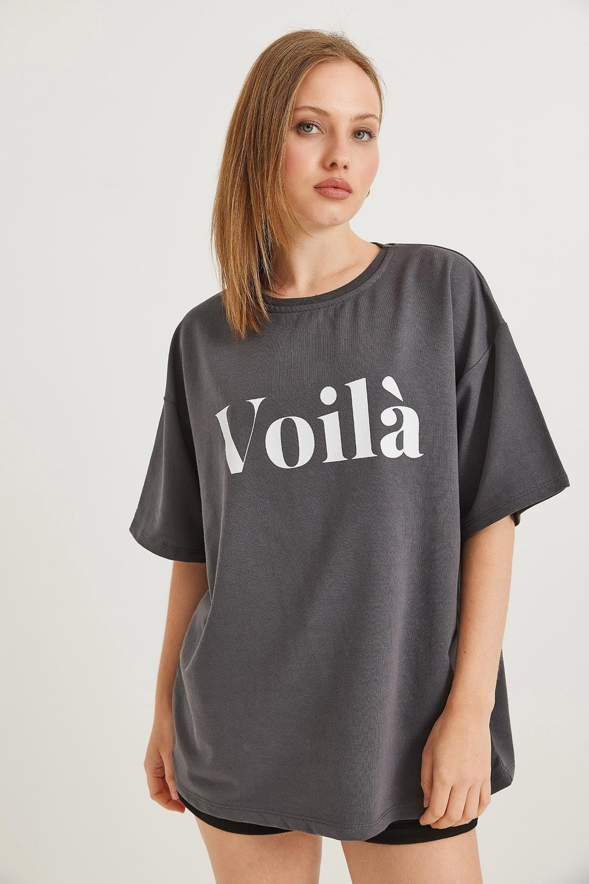 Füme Baskılı Oversize Tişört