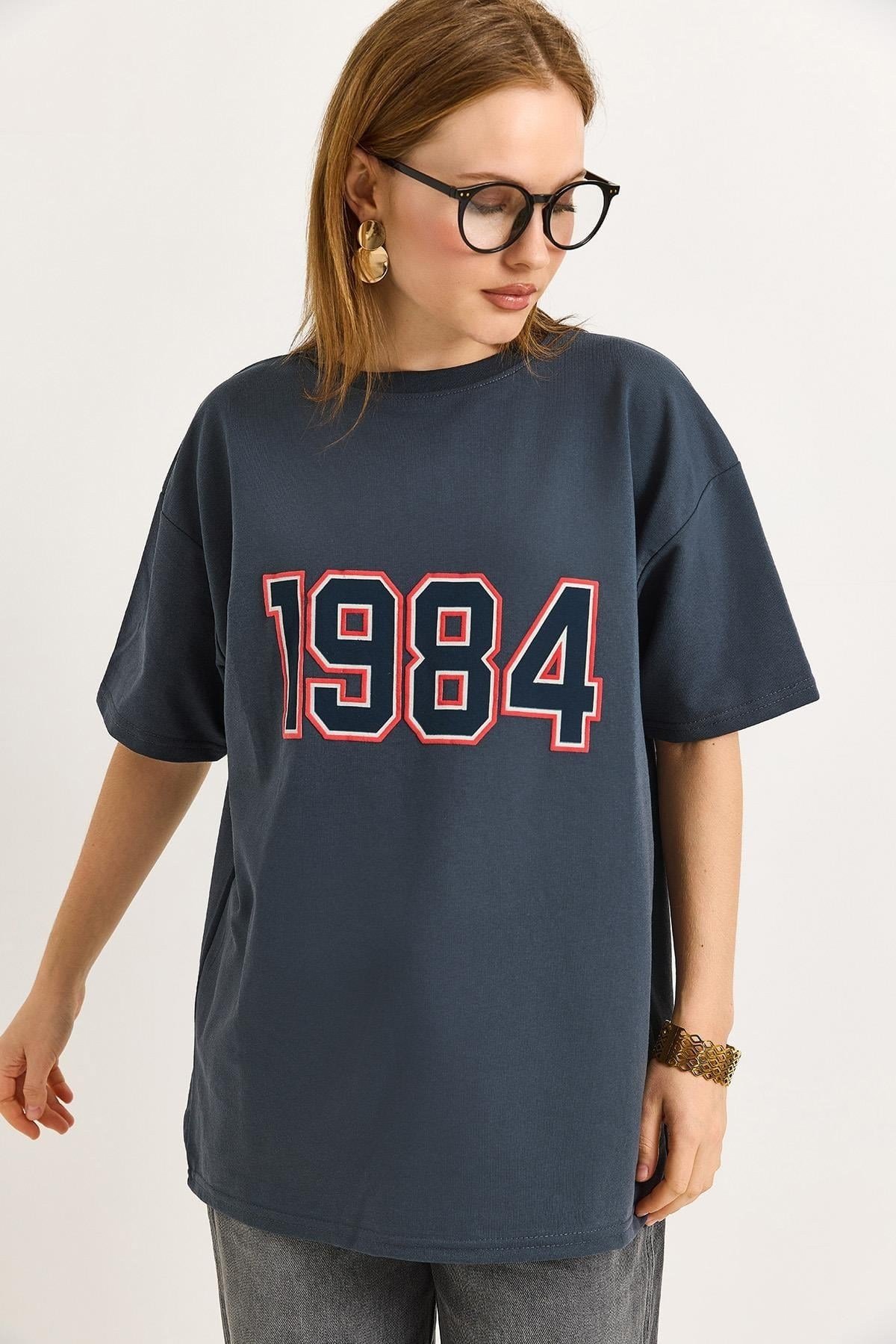 Füme Baskılı Oversize Tişört