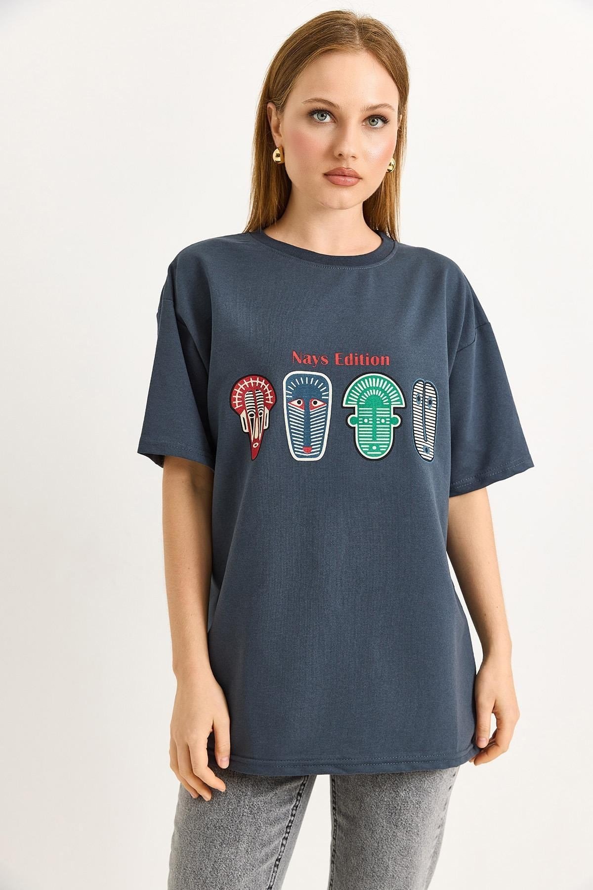 Füme Baskılı Oversize Tişört
