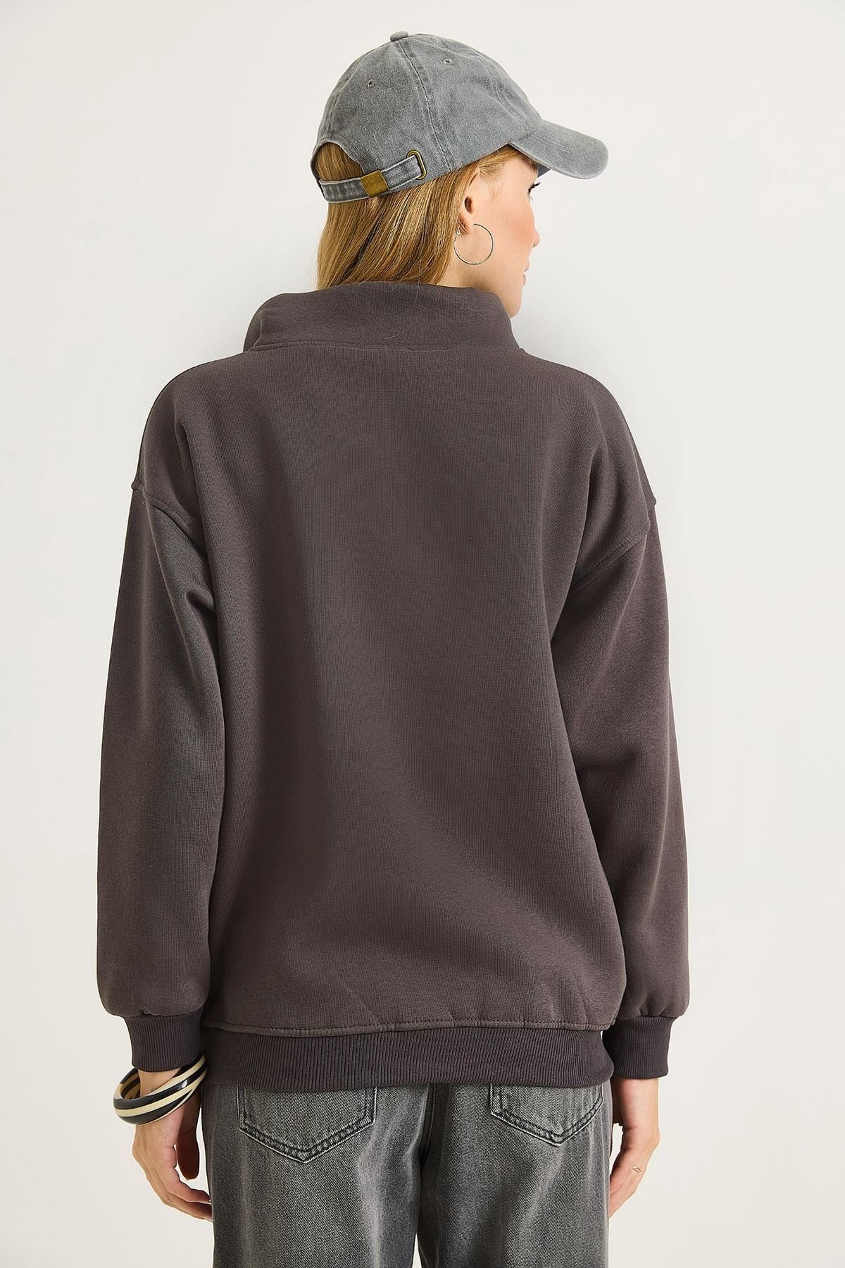 Füme Fermuarlı Yaka Sweatshirt
