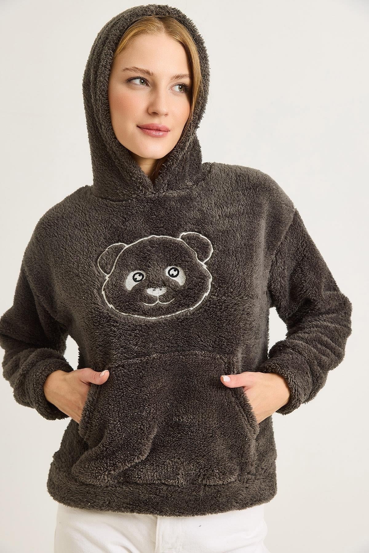 Füme Nakışlı Peluş Sweatshirt