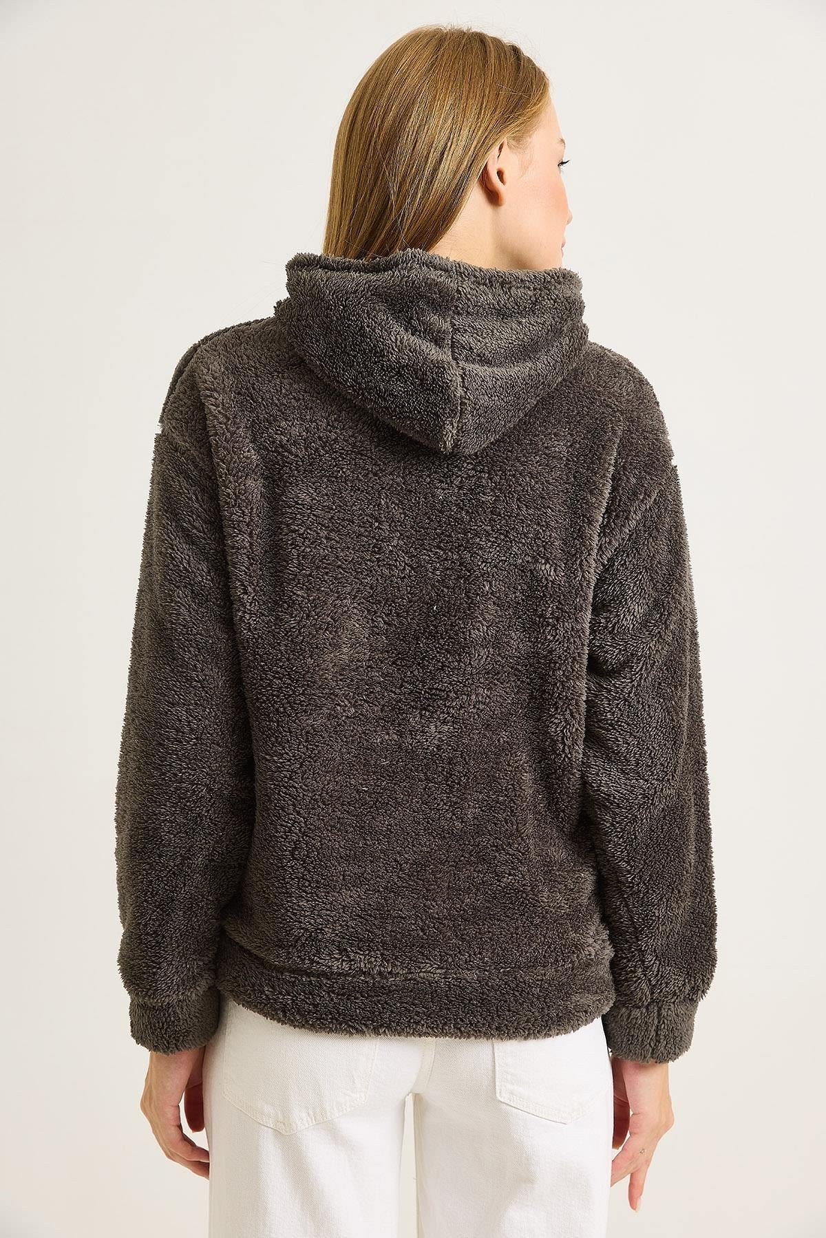 Füme Nakışlı Peluş Sweatshirt