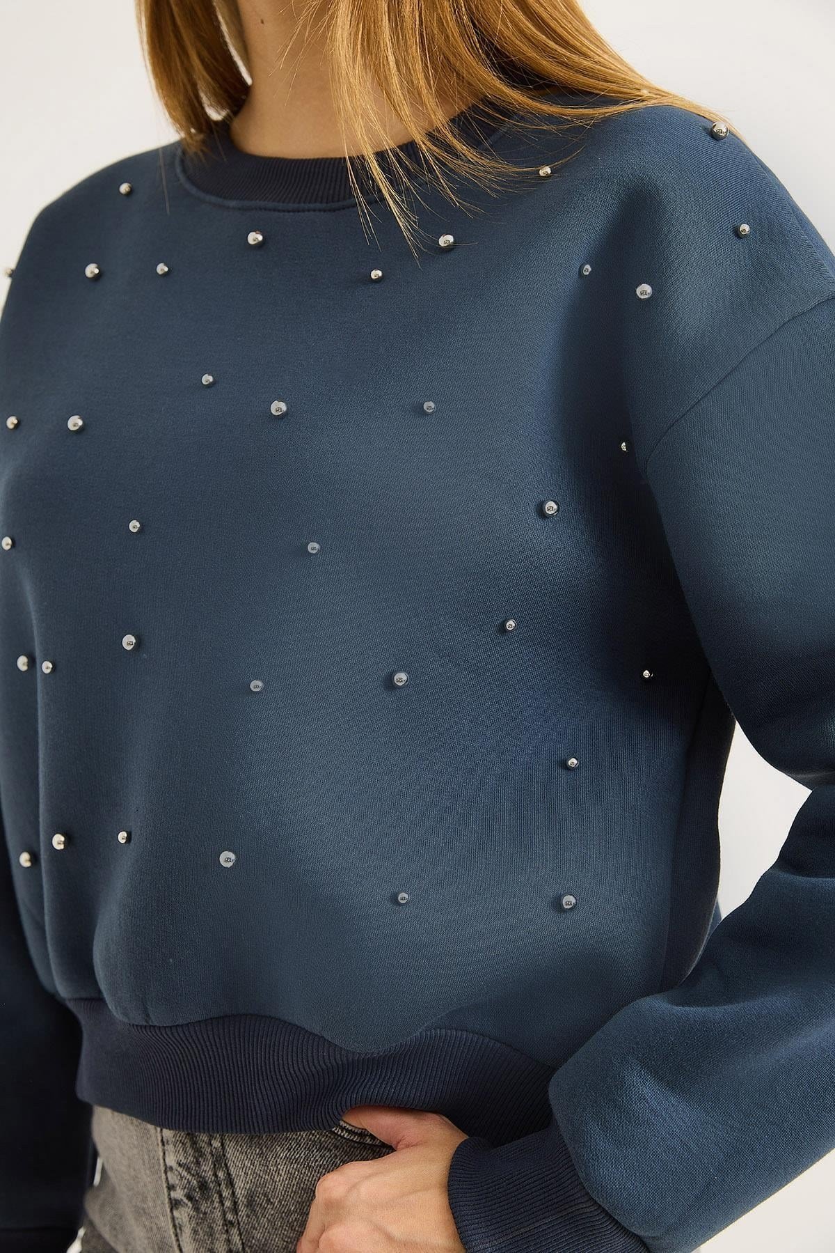 Füme Taşlı Bisiklet Yaka Sweatshirt