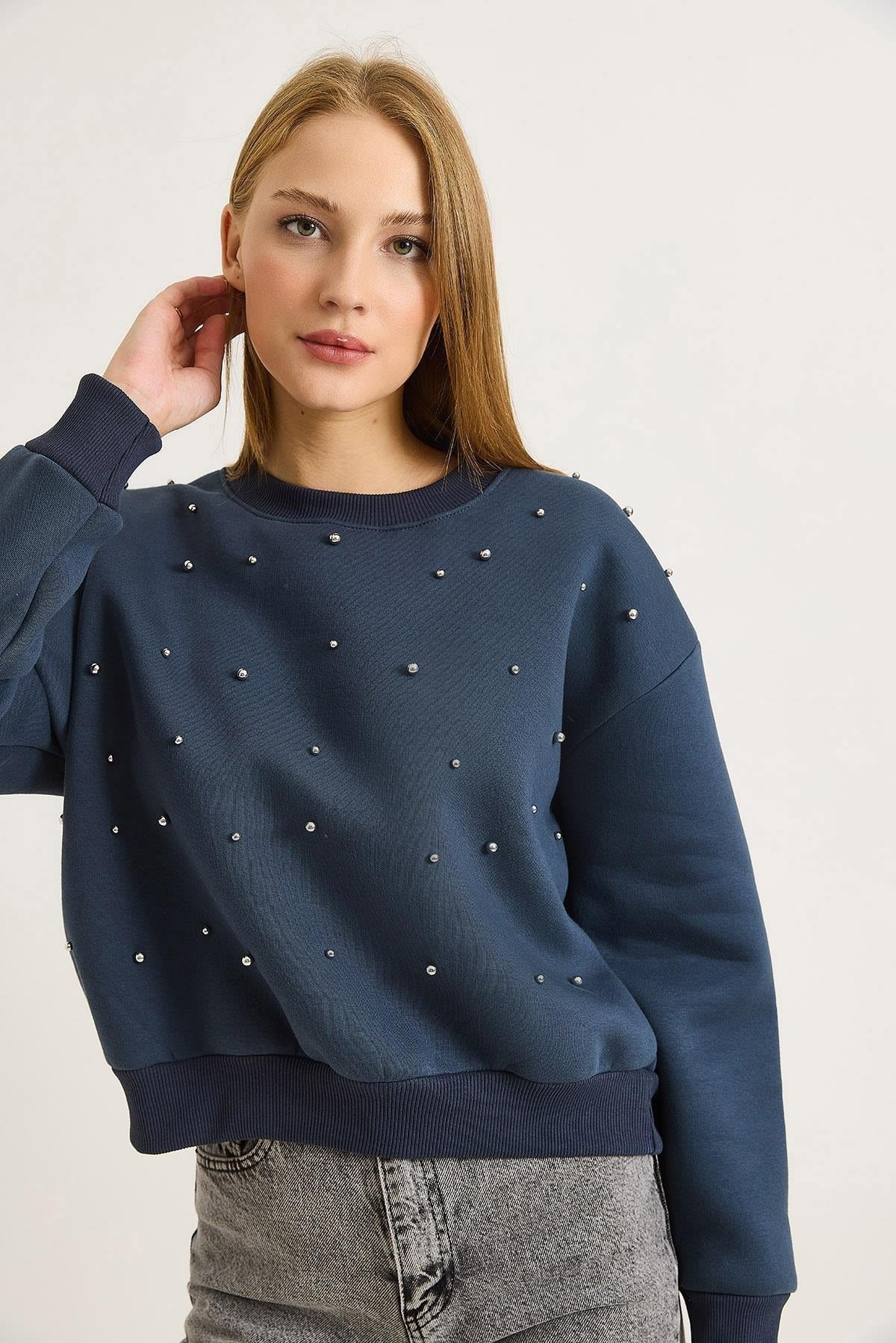 Füme Taşlı Bisiklet Yaka Sweatshirt