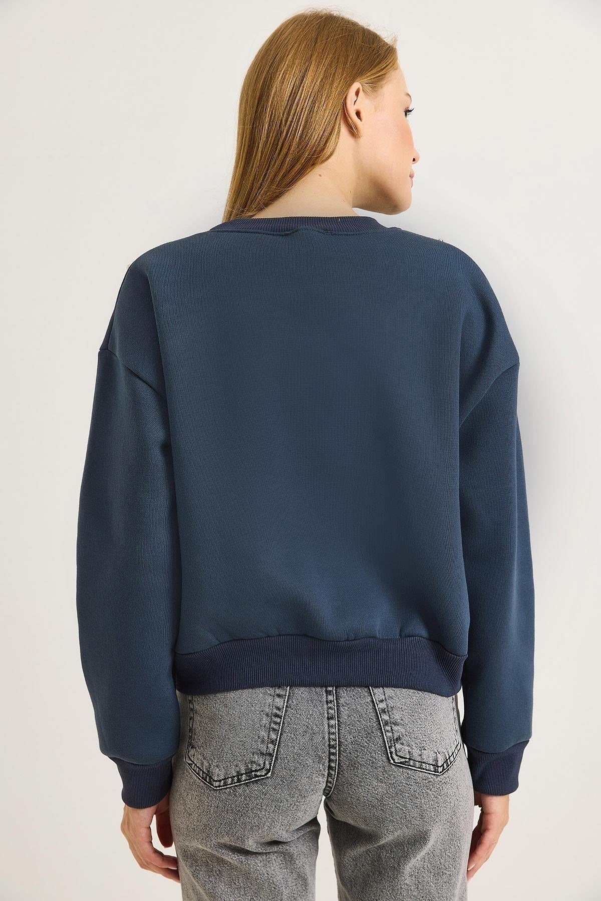 Füme Taşlı Bisiklet Yaka Sweatshirt
