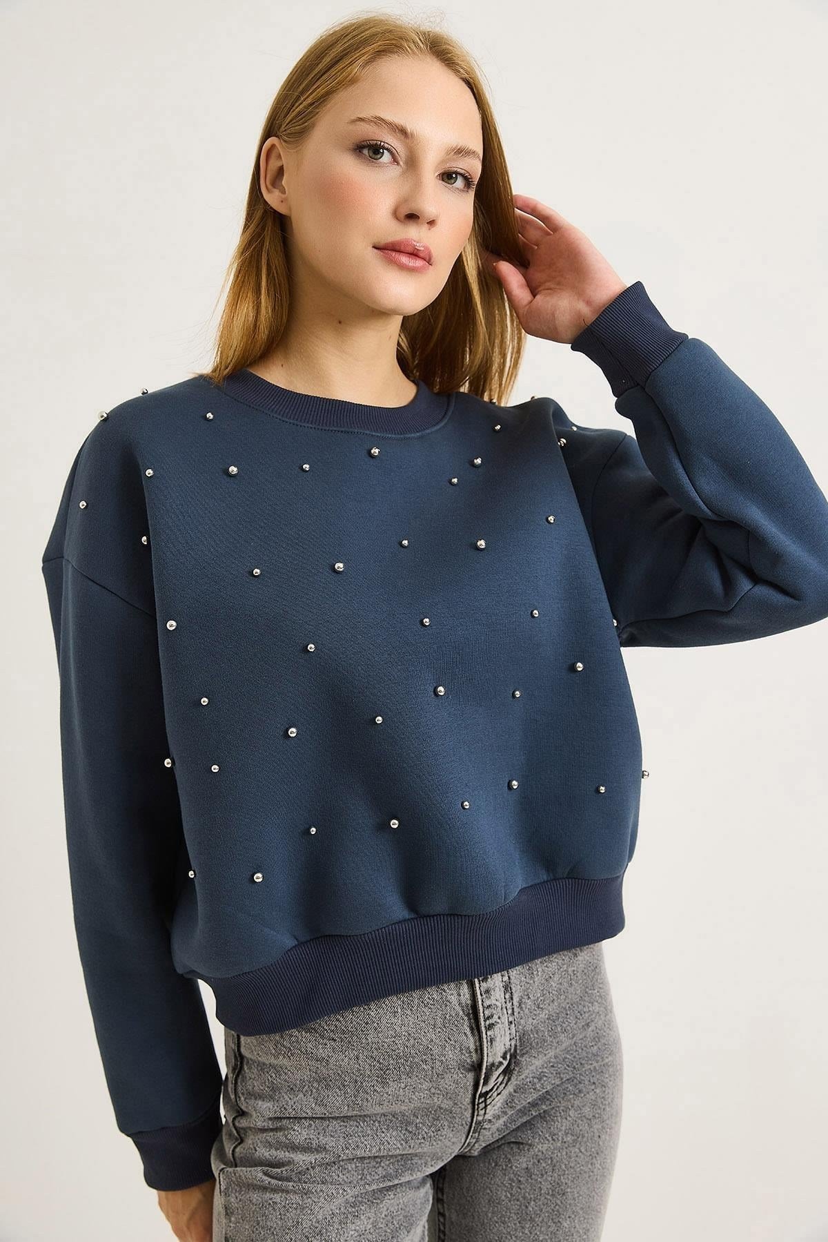 Füme Taşlı Bisiklet Yaka Sweatshirt