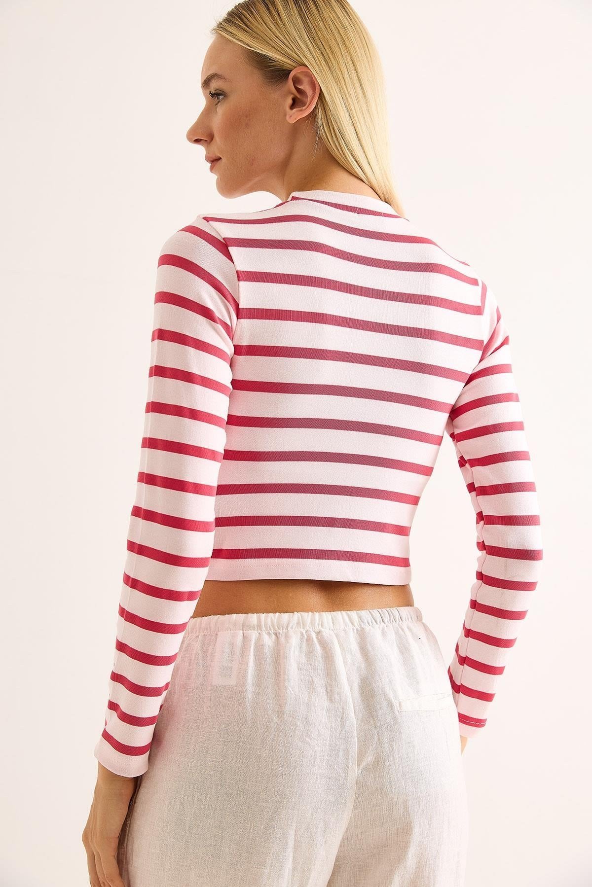 Fuşya Çizgili Crop Bluz
