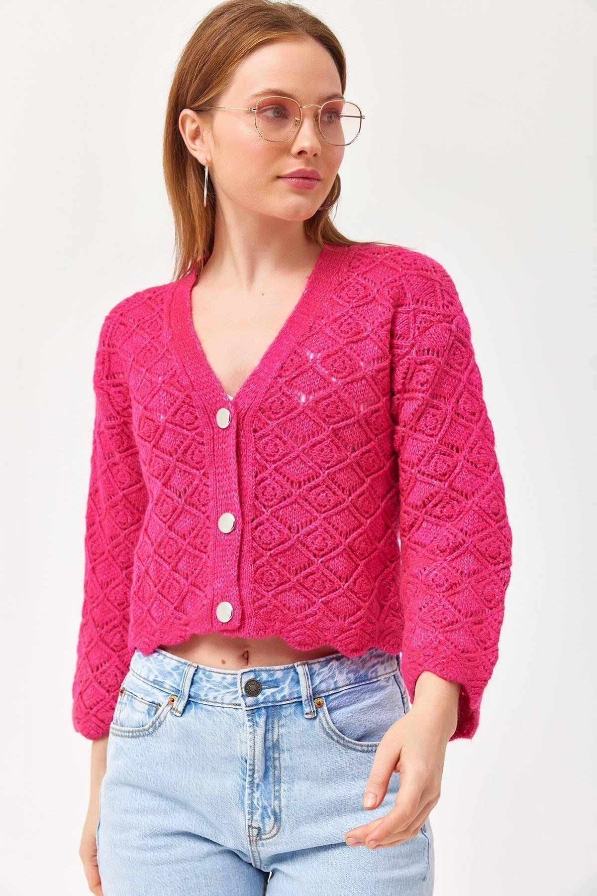 Fuşya Örgü Desenli Triko Hırka