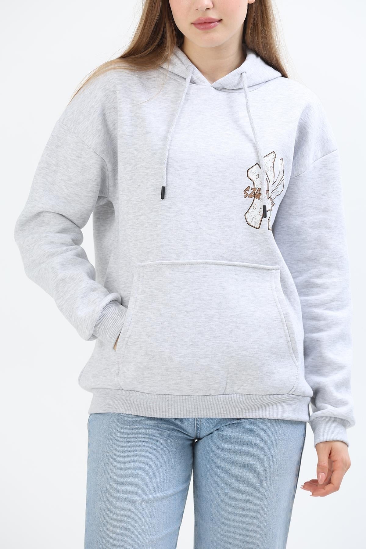 Gri Baskılı Kapüşonlu Sweatshirt
