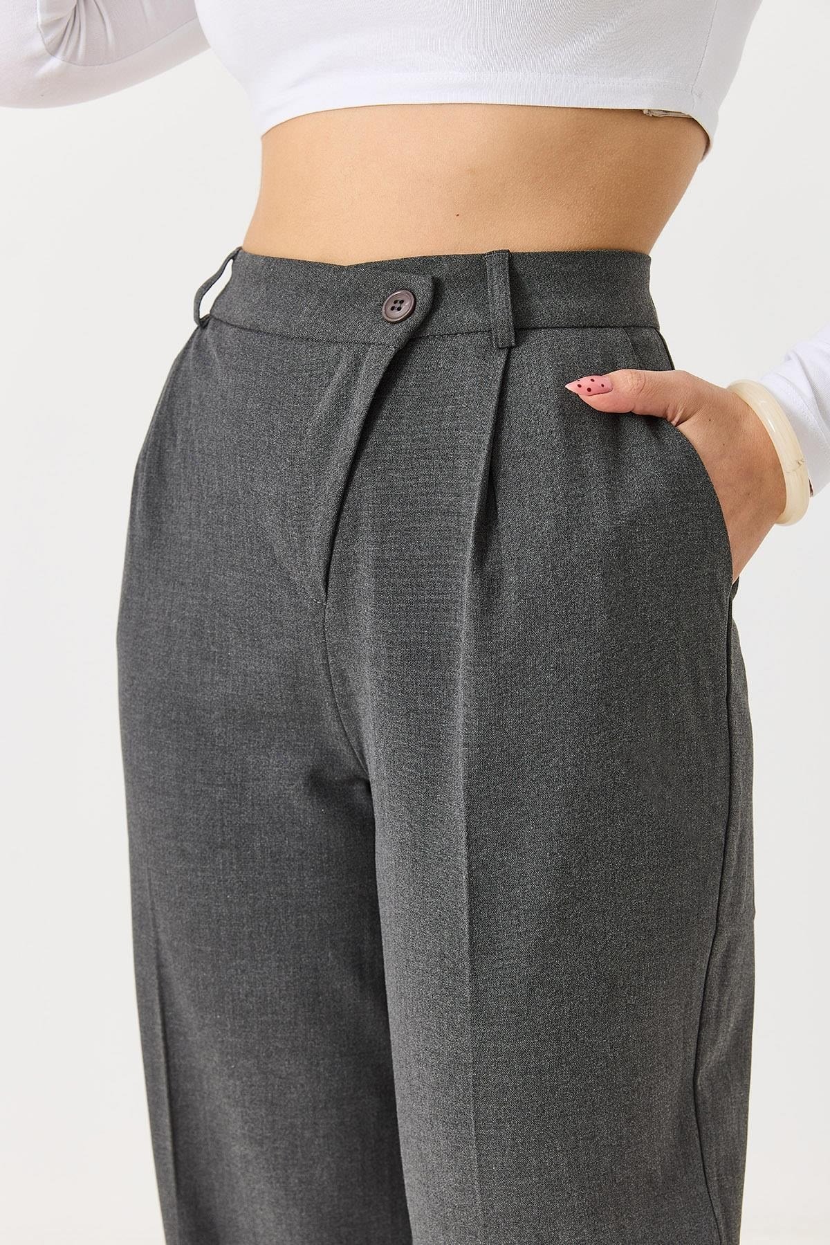 Gri Çapraz Düğmeli Kumaş Pantolon