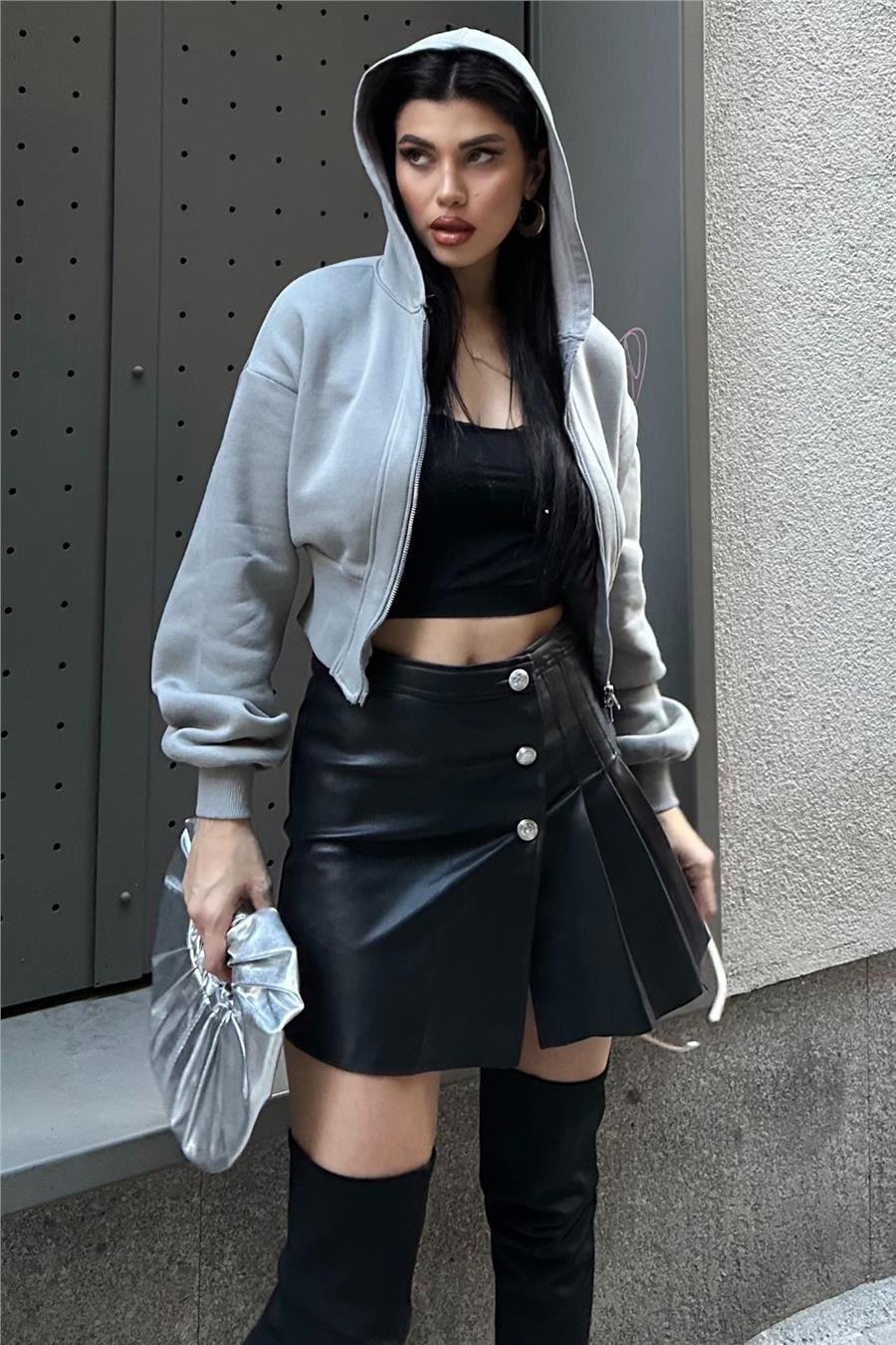 Gri Fermuarlı Crop Sweatshirt