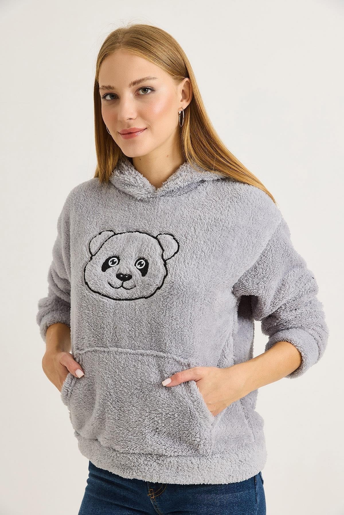 Gri Nakışlı Peluş Sweatshirt
