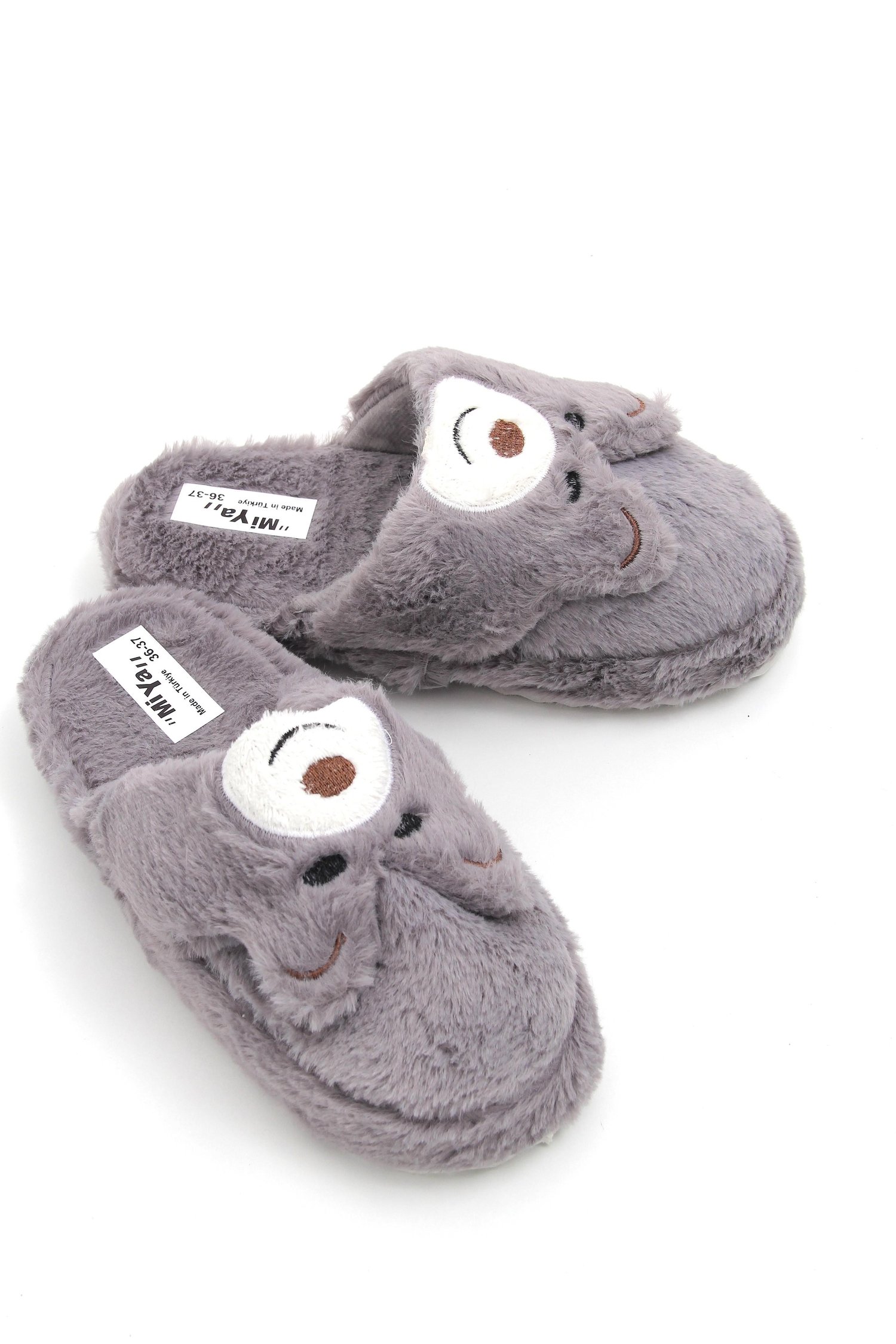 Gri Peluş Ayı Figürlü Terlik