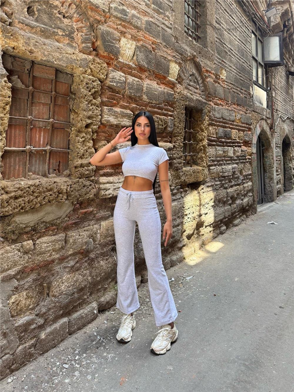 Gri Polyamid Elastan Crop Takım