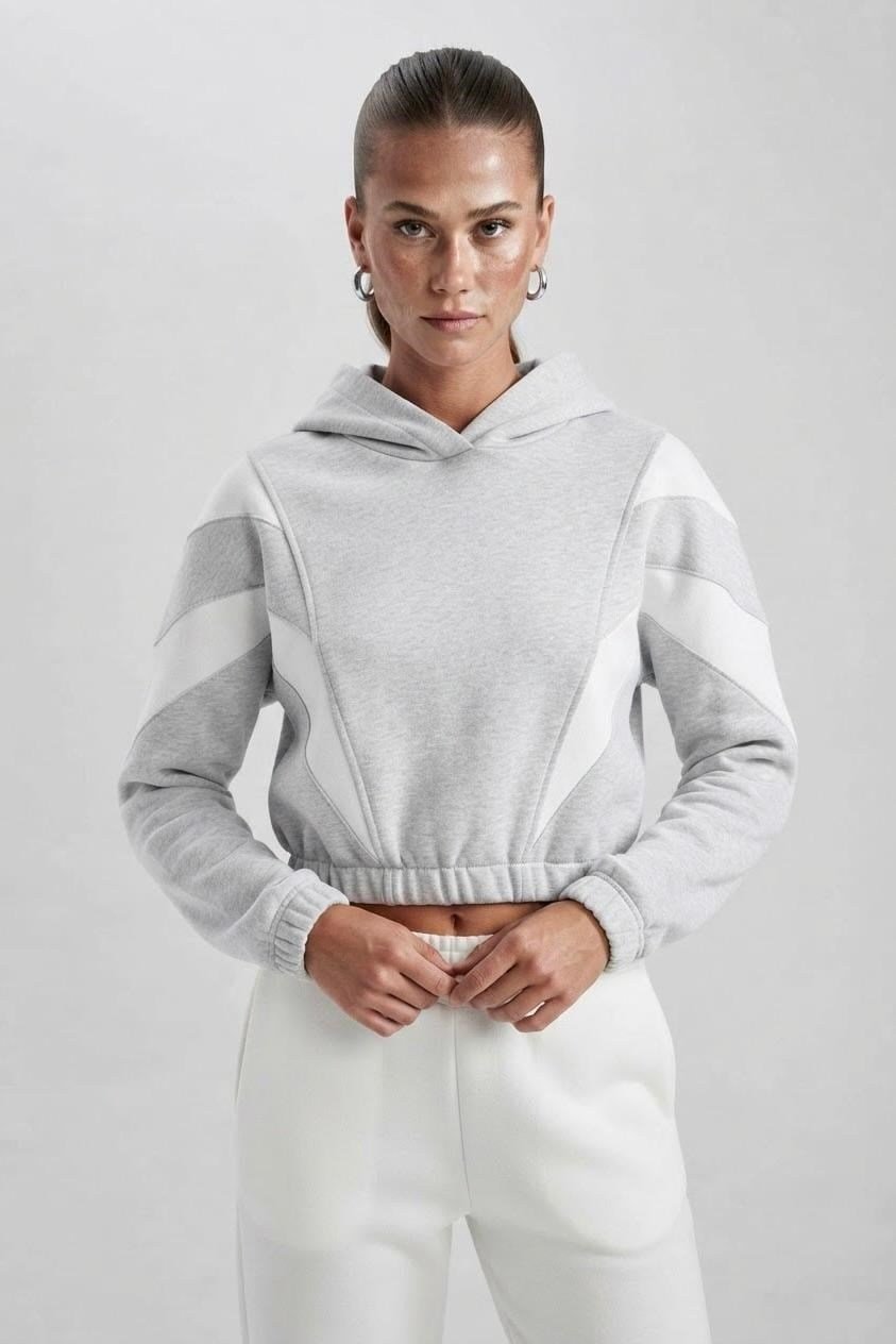 Gri Şerit Detaylı Kapüşonlu Sweatshirt