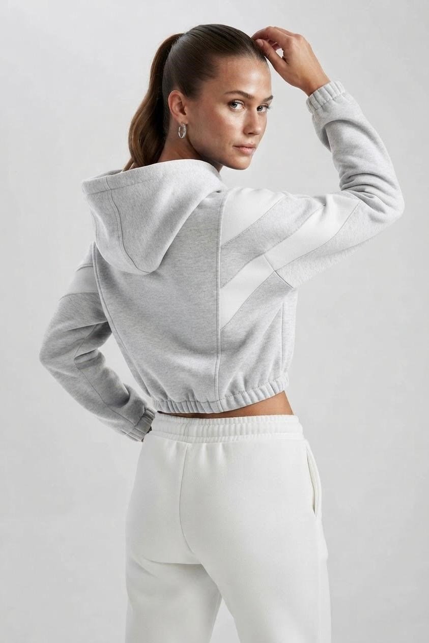 Gri Şerit Detaylı Kapüşonlu Sweatshirt