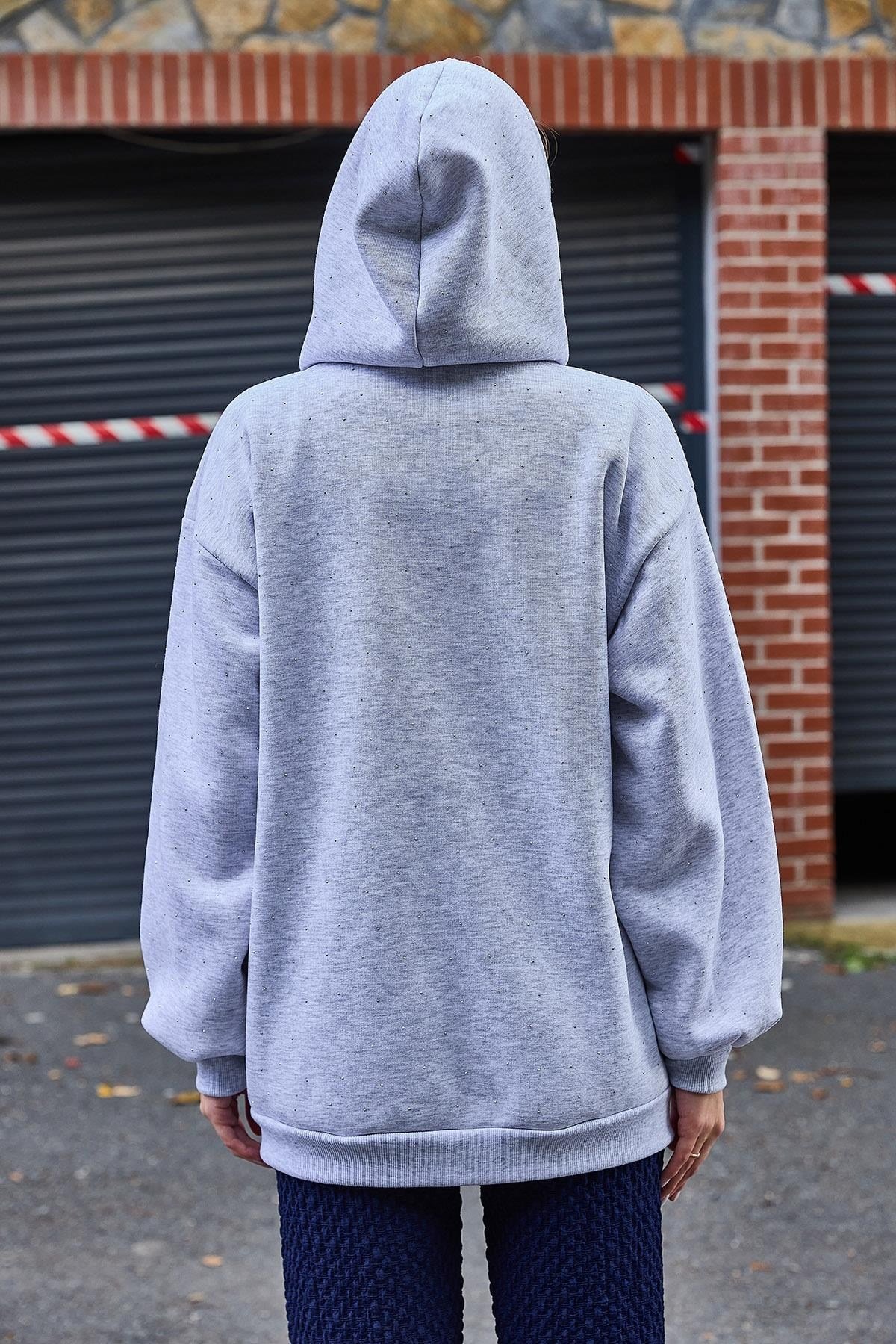 Gri Taş Detaylı Oversize Hırka