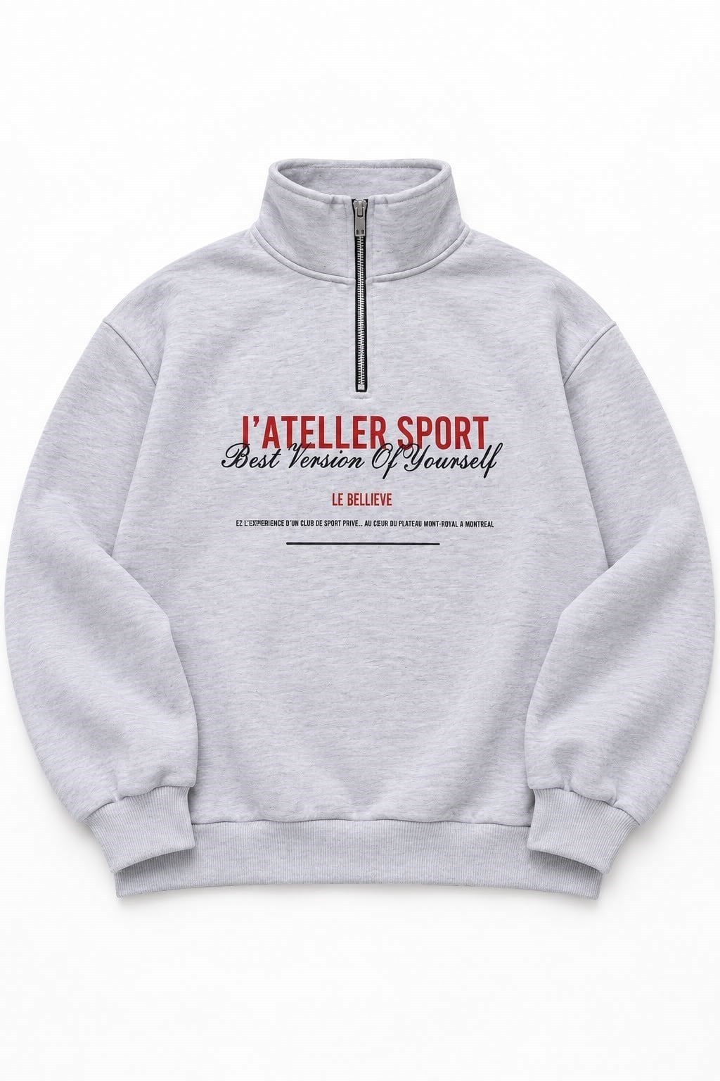 Gri Yarım Fermuarlı Baskılı Sweatshirt