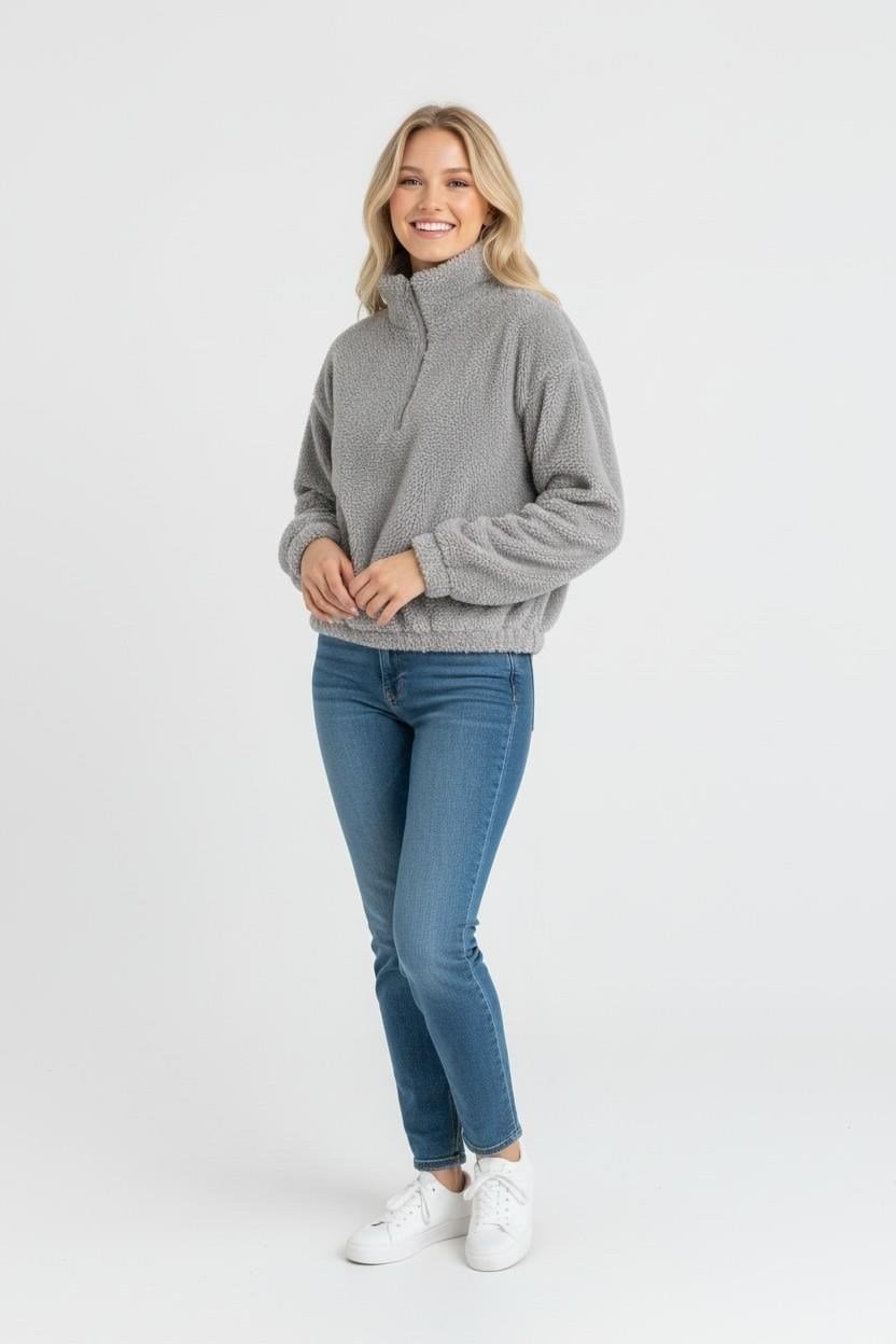 Gri Yarım Fermuarlı Sweatshirt