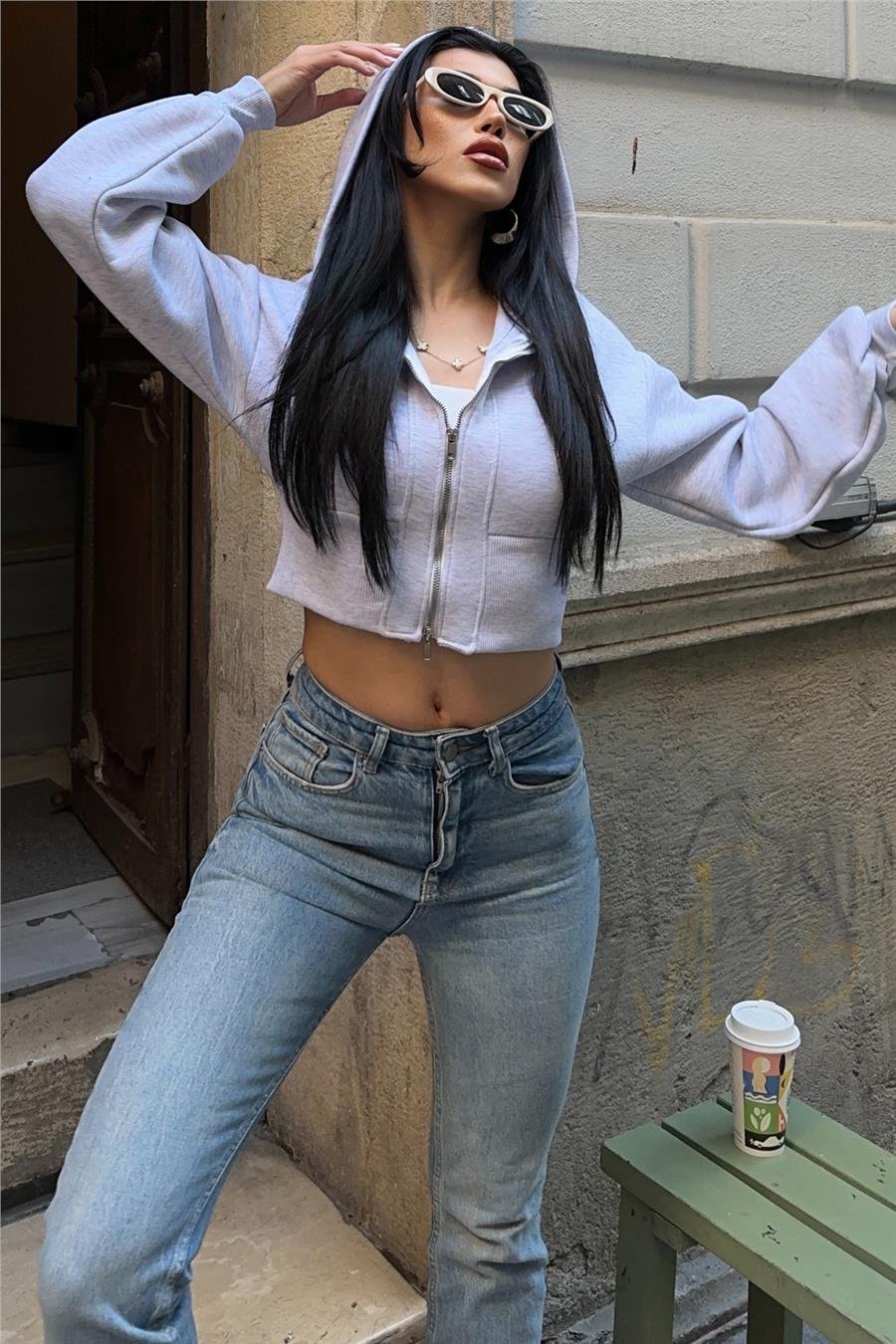 Grimelanj Fermuarlı Crop Sweatshirt