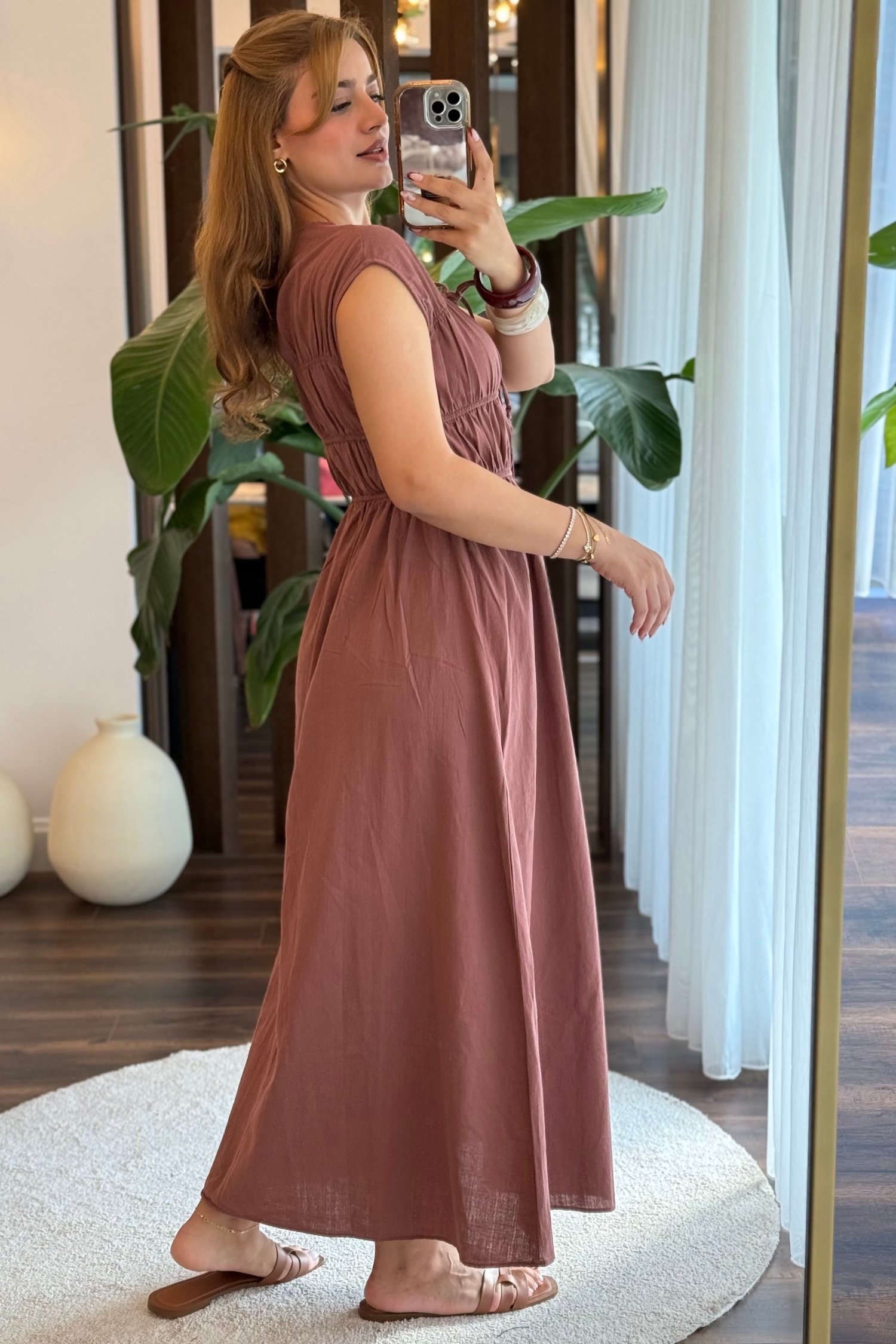 Gül Kurusu Bağlamalı Pamuk Elbise