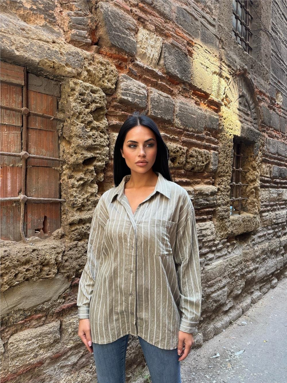 Haki Çizgili Oversize Keten Gömlek