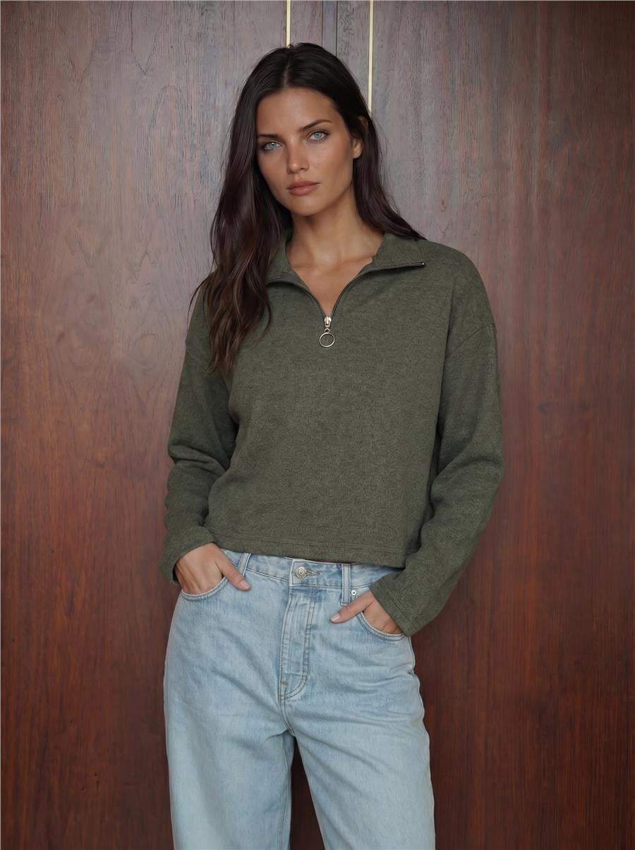 Haki Fermuarlı Yaka Örme SWEATSHIRT
