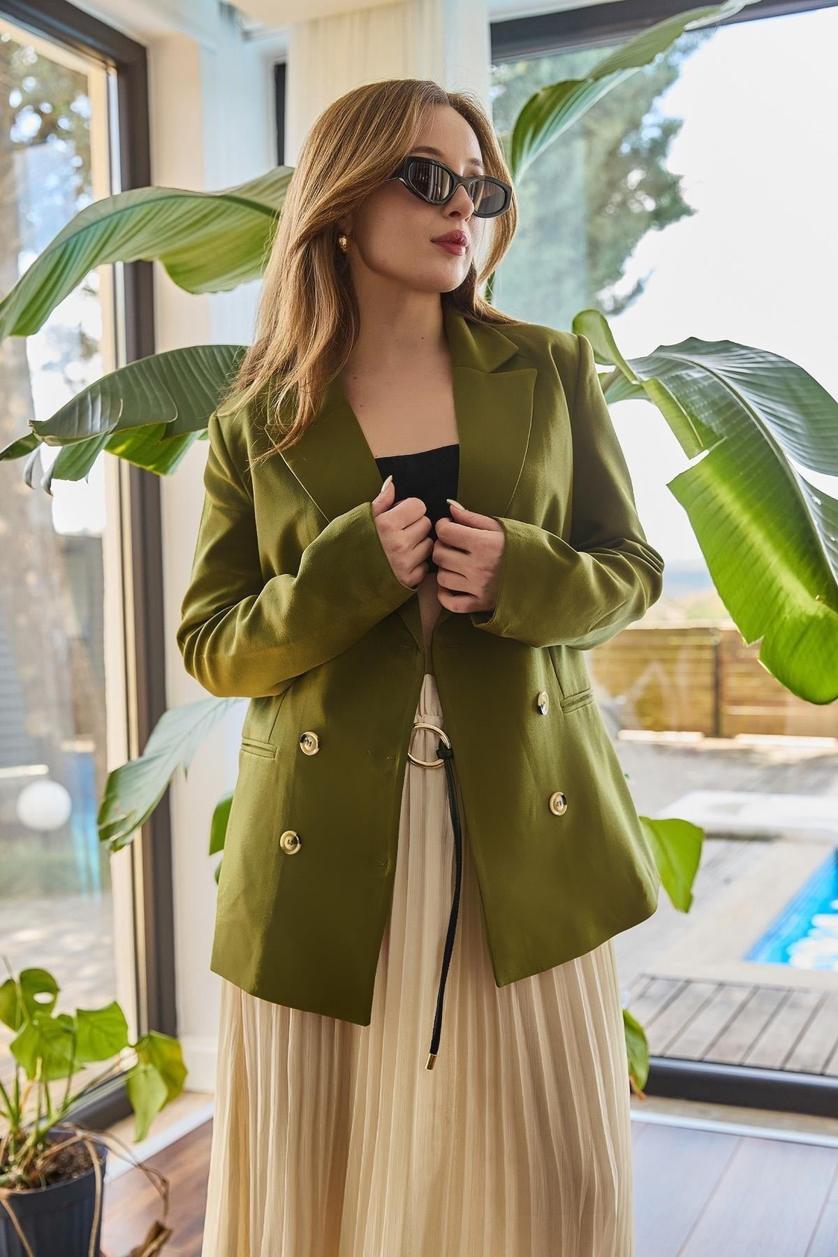 Haki Oversize Kruvaze Blazer Ceket