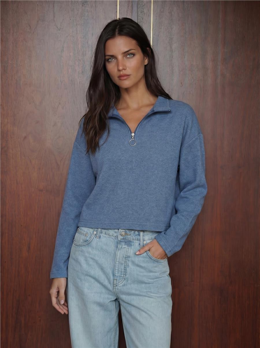 55449 Fermuarlı Yaka Örme Sweatshirt - İndigo