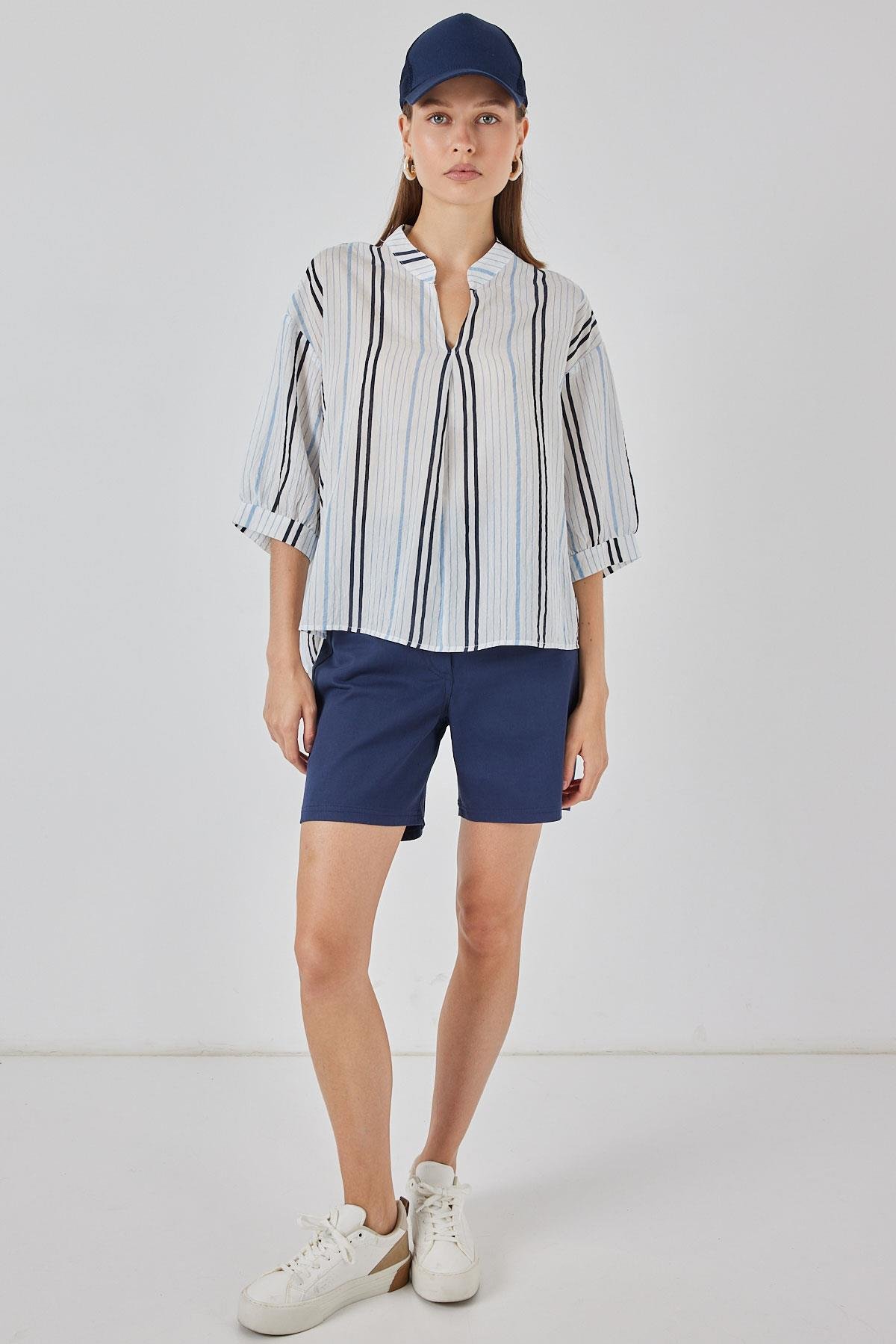Kadın Çizgili Oversize Bluz 967 - Açık Mavi
