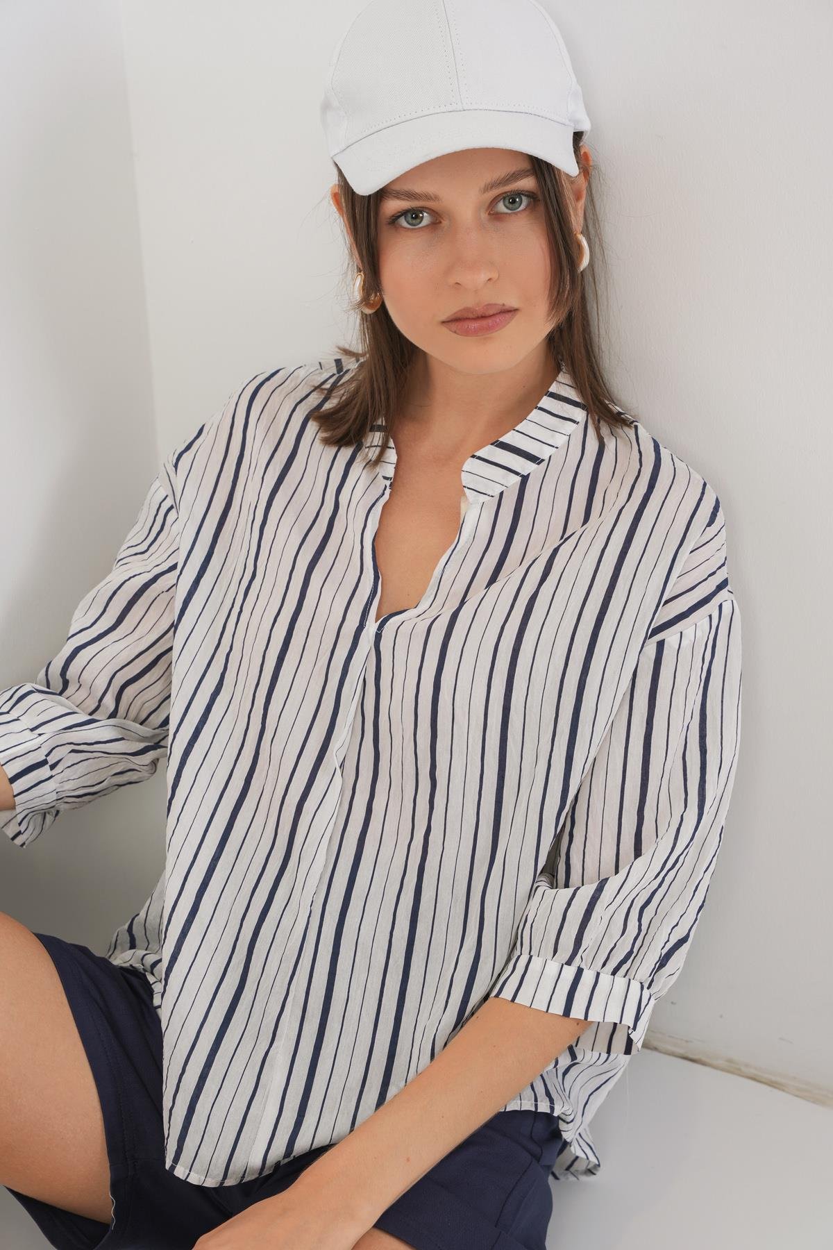 Kadın Çizgili Oversize Bluz 967 - F.Lacivert