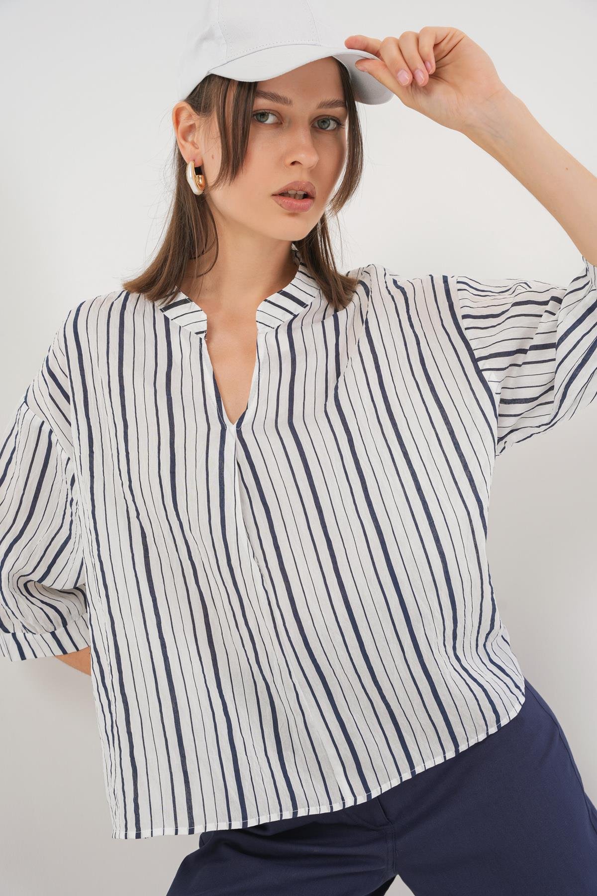 Kadın Çizgili Oversize Bluz 967 - F.Lacivert