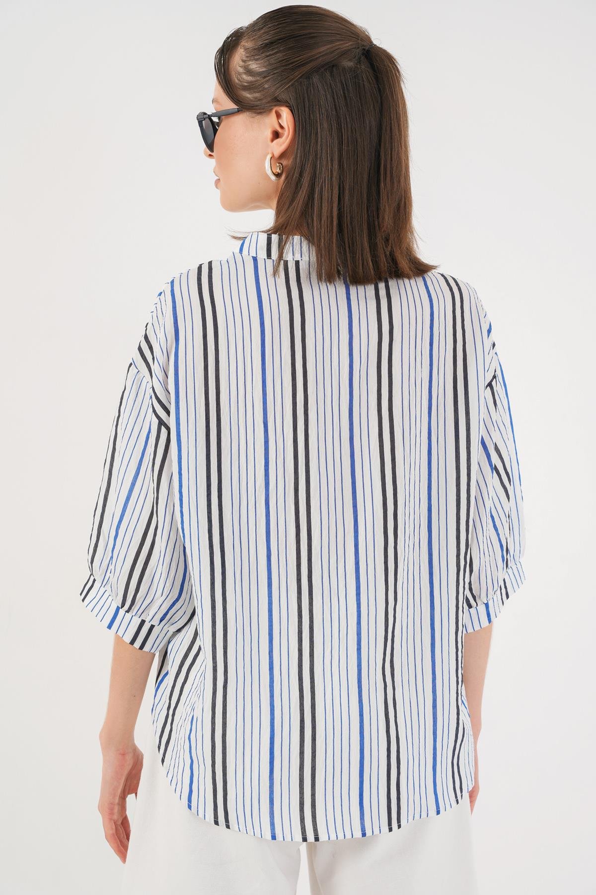 Kadın Çizgili Oversize Bluz 967 - Lacivert