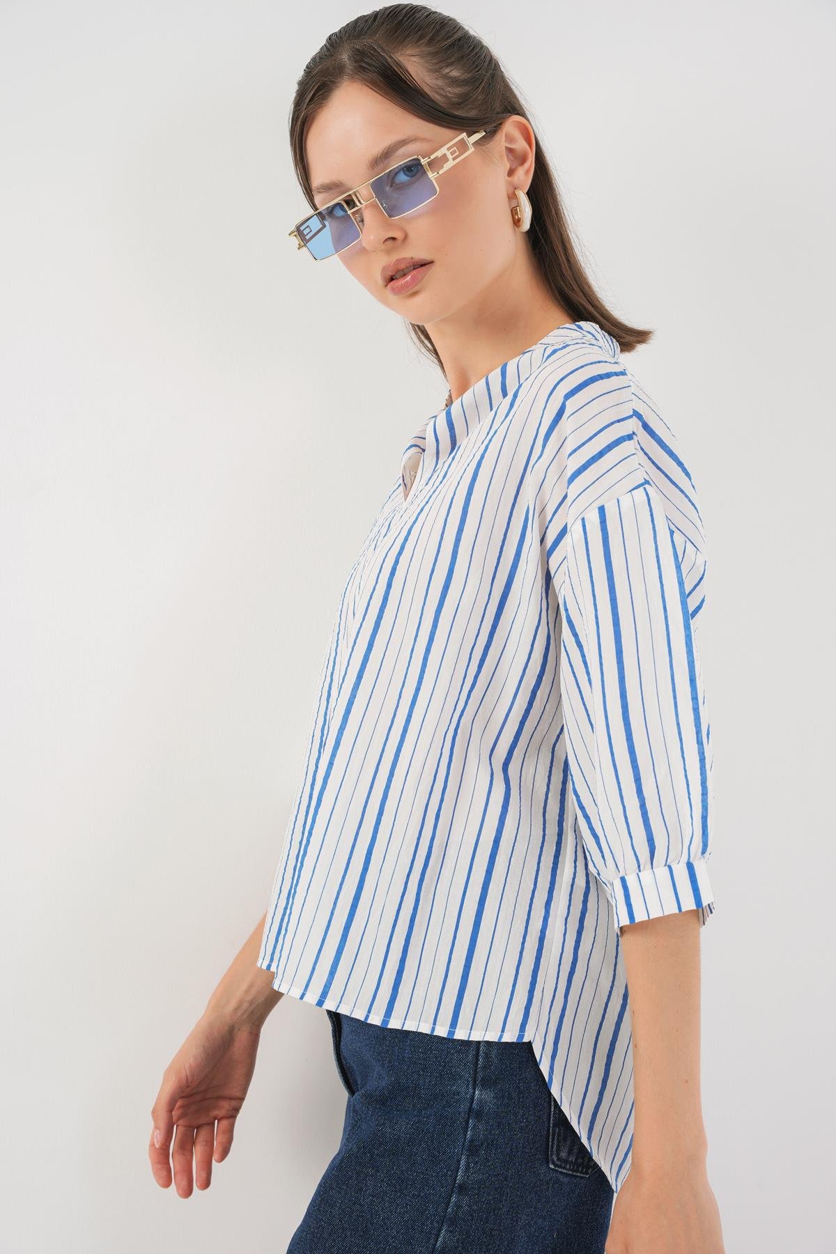 Kadın Çizgili Oversize Bluz 967 - Mavi