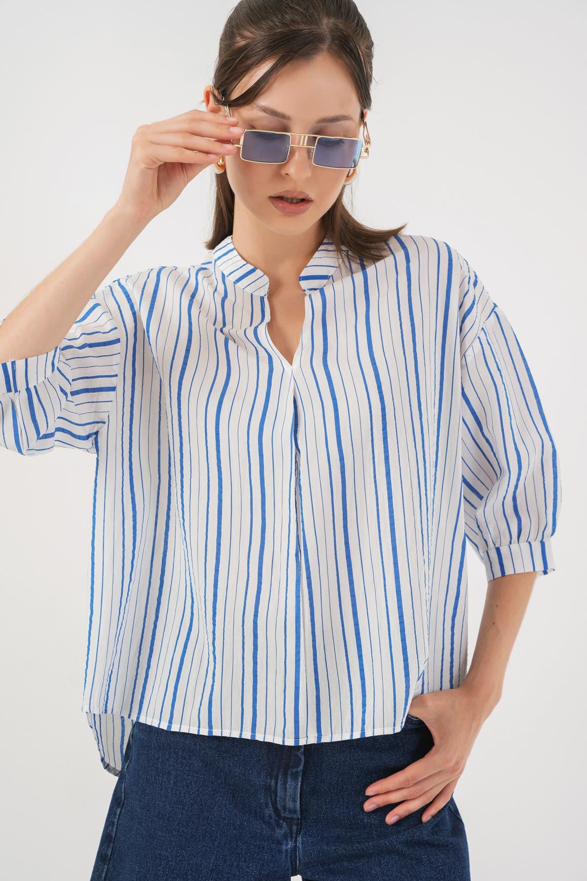 Kadın Çizgili Oversize Bluz 967 - Mavi