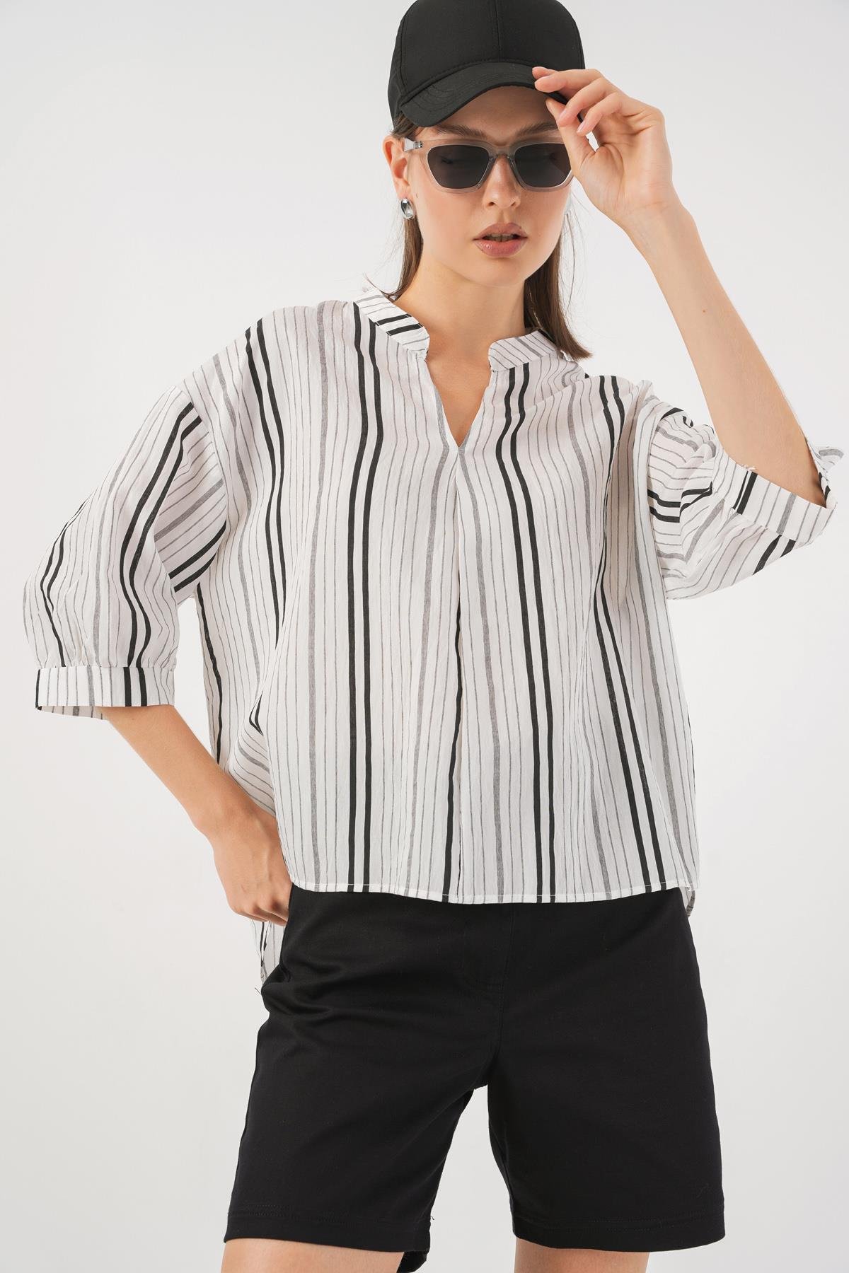 Kadın Çizgili Oversize Bluz 967 - Taş