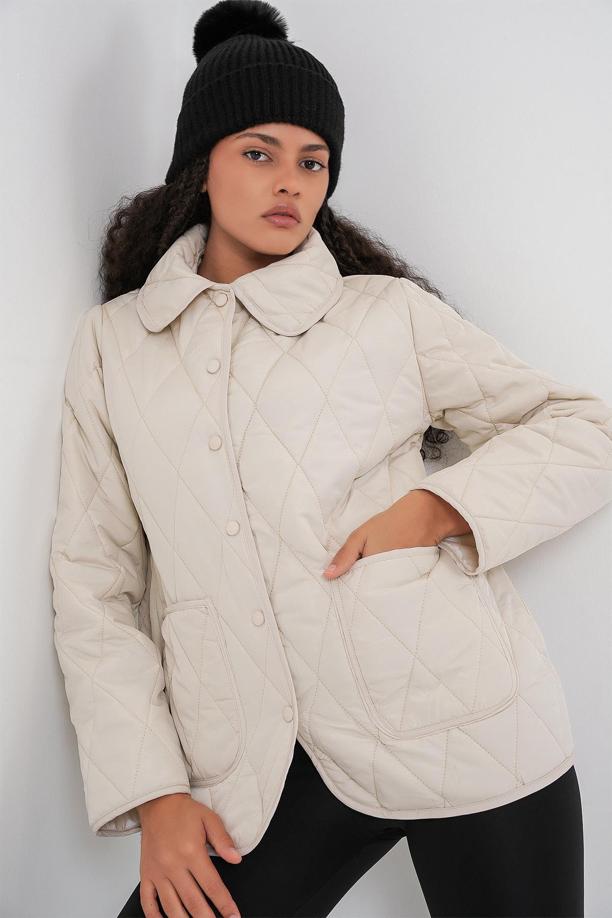 Kadın Kapitone Oversize Mont 5226 - Ekru