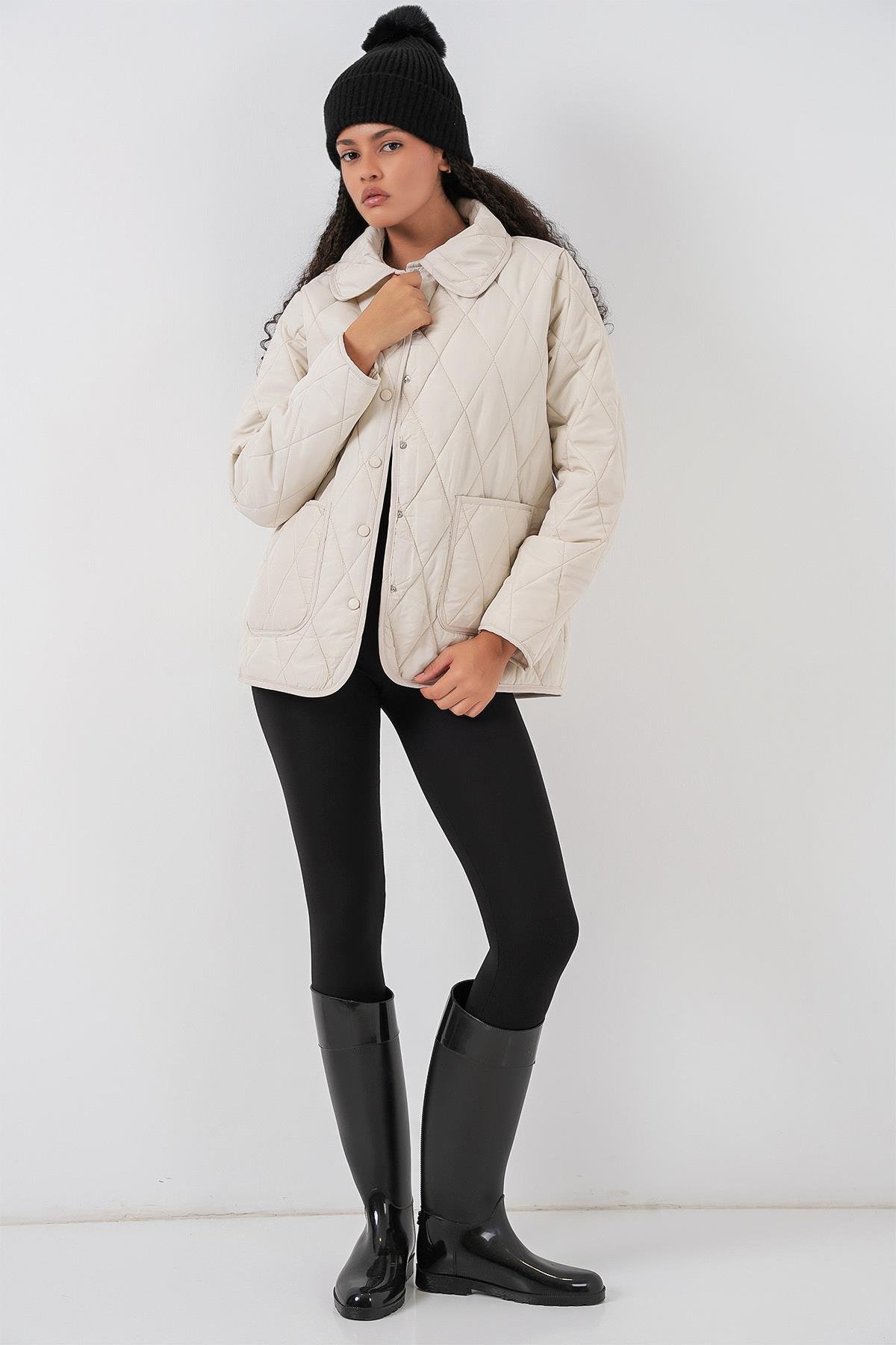 Kadın Kapitone Oversize Mont 5226 - Ekru