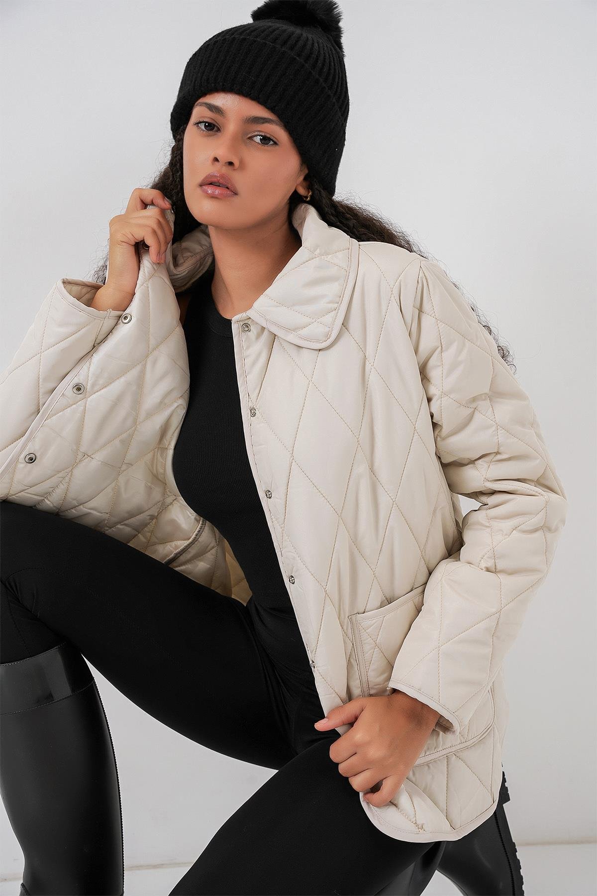 Kadın Kapitone Oversize Mont 5226 - Ekru
