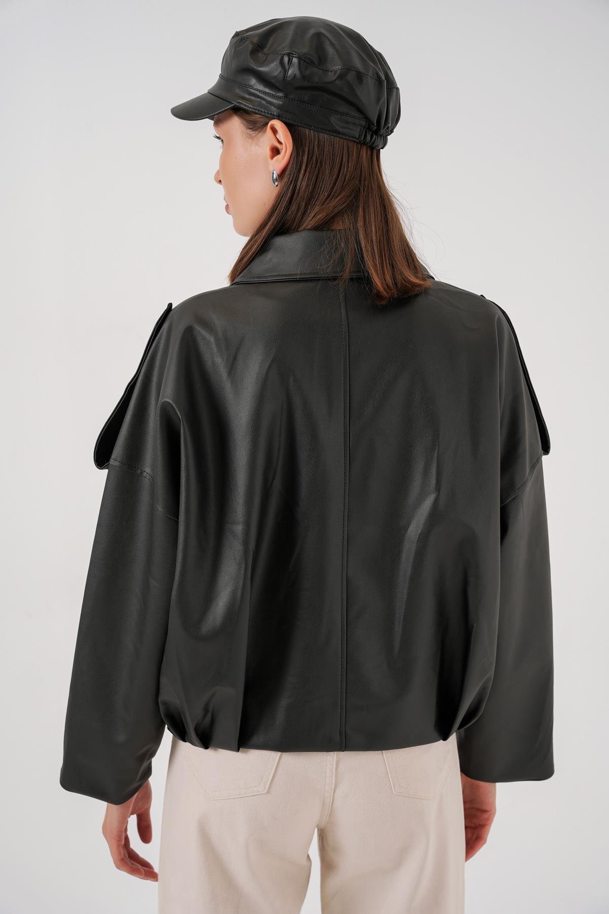 Kadın Oversize Deri Ceket 1055 - Siyah