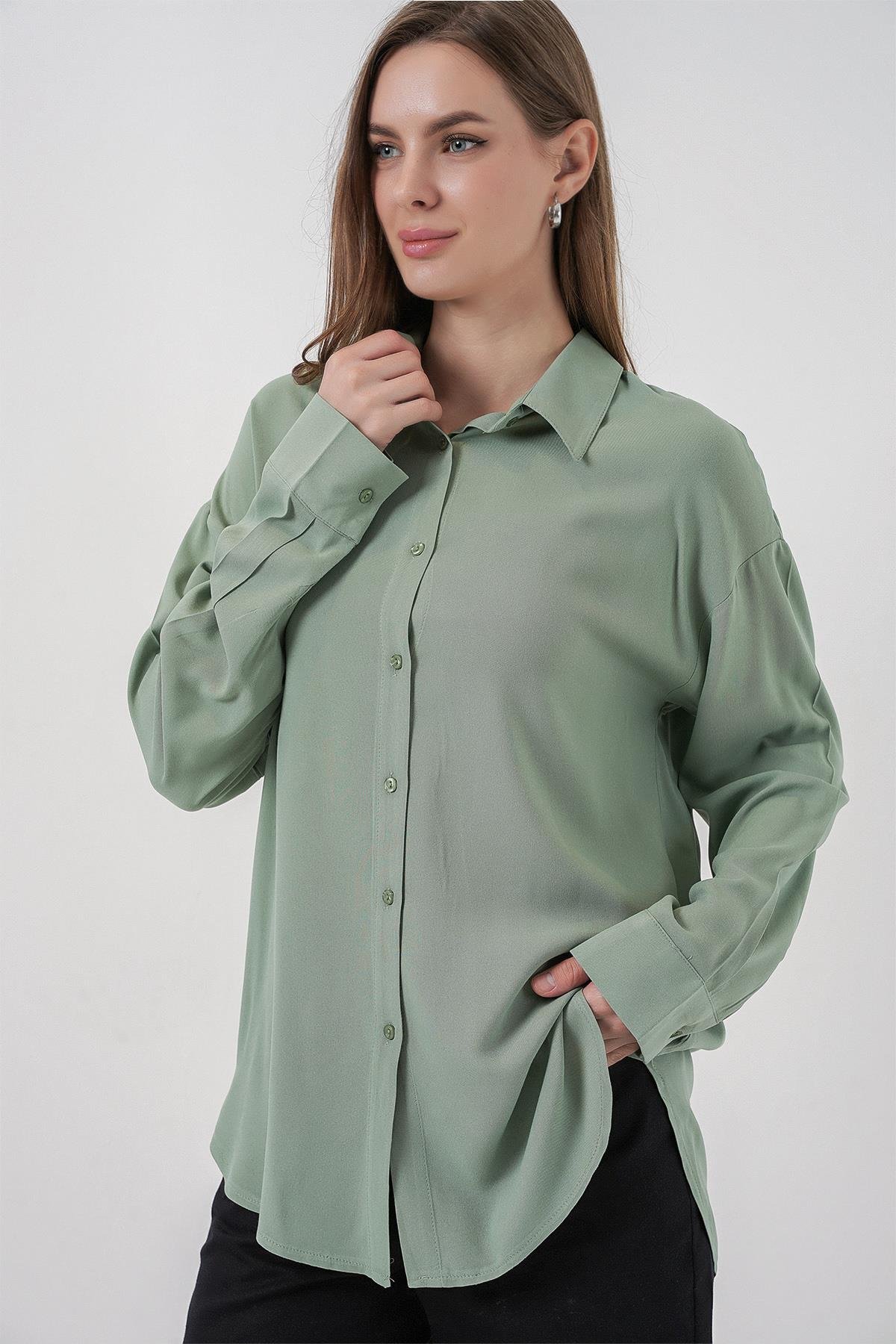 Kadın Oversize Viskon Gömlek 3785 - Çağla