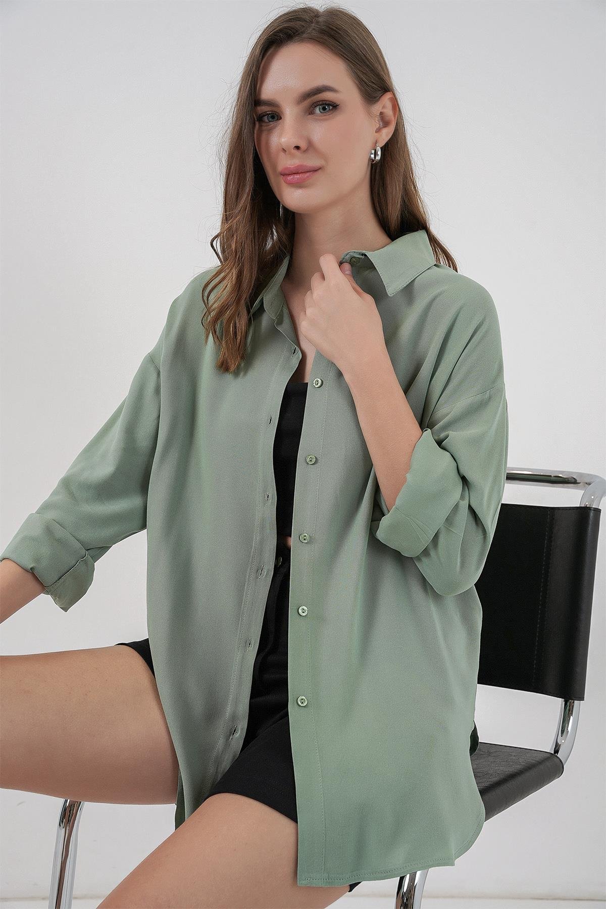 Kadın Oversize Viskon Gömlek 3785 - Çağla