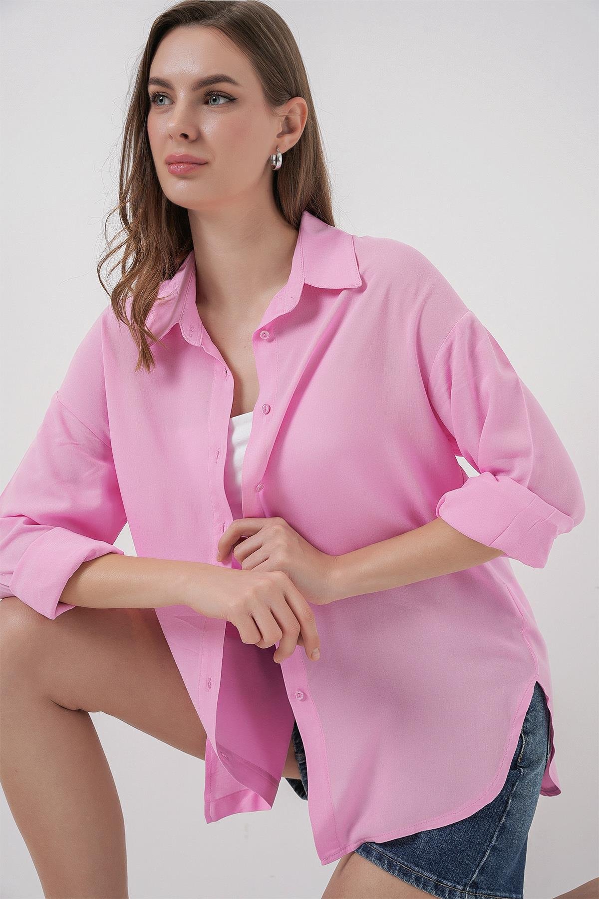 Kadın Oversize Viskon Gömlek 3785 - Pembe