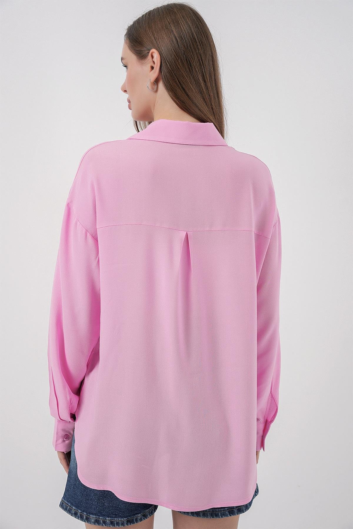 Kadın Oversize Viskon Gömlek 3785 - Pembe