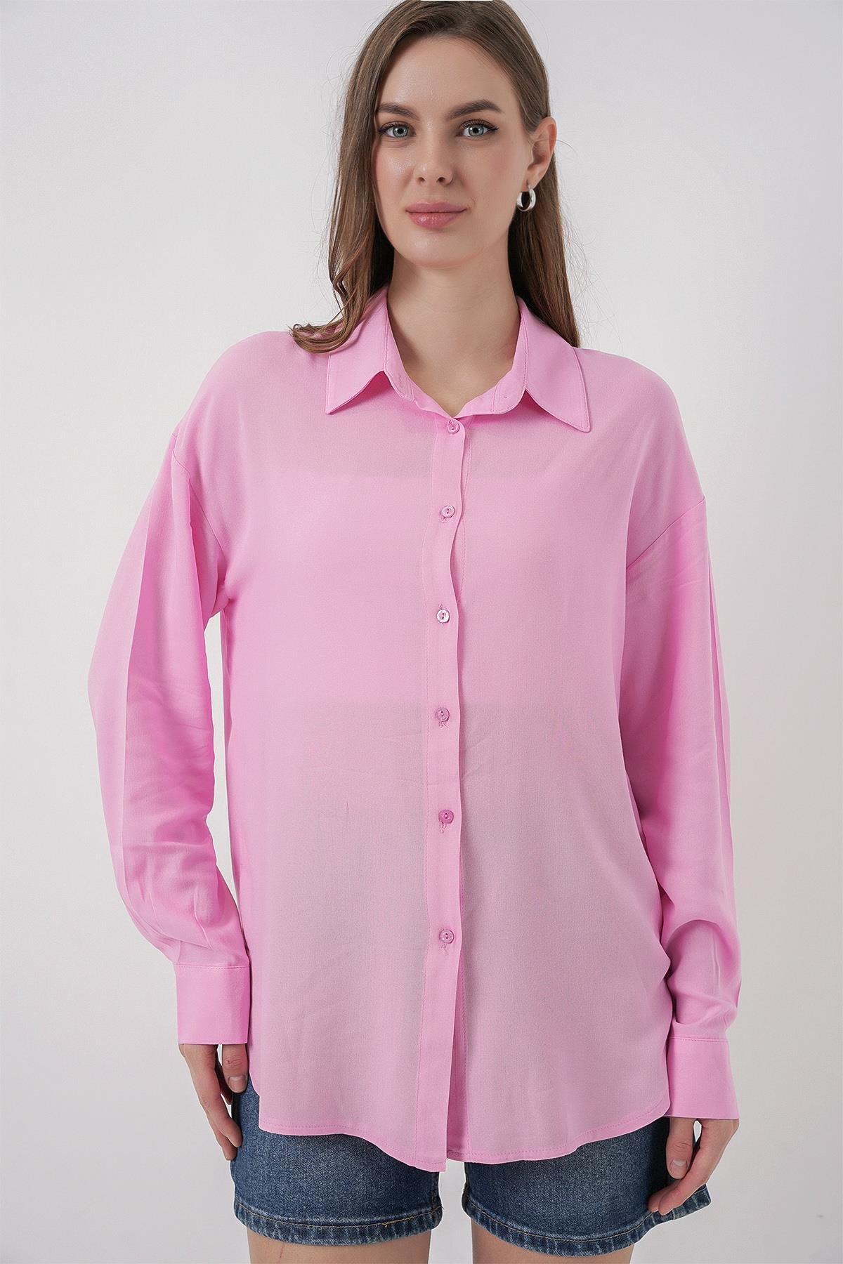 Kadın Oversize Viskon Gömlek 3785 - Pembe