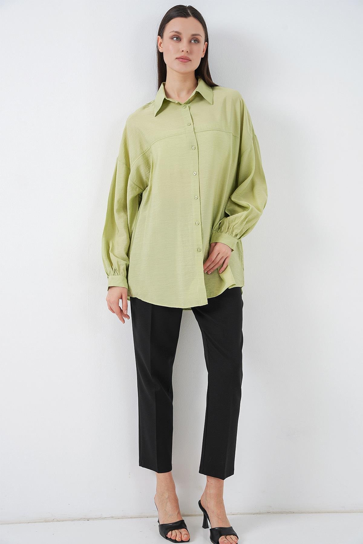 Kadın Uzun Oversize Gömlek 5965 - E.Yeşil