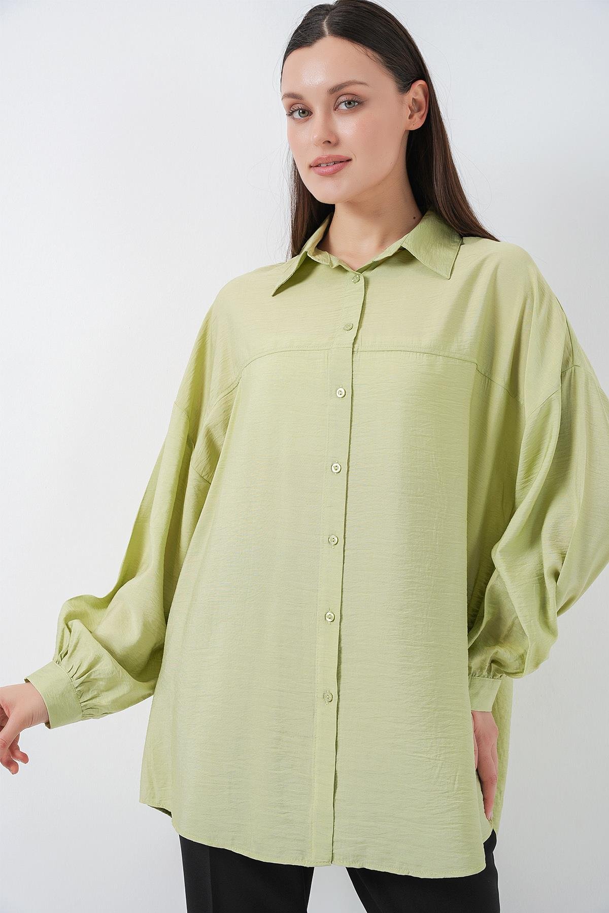 Kadın Uzun Oversize Gömlek 5965 - E.Yeşil