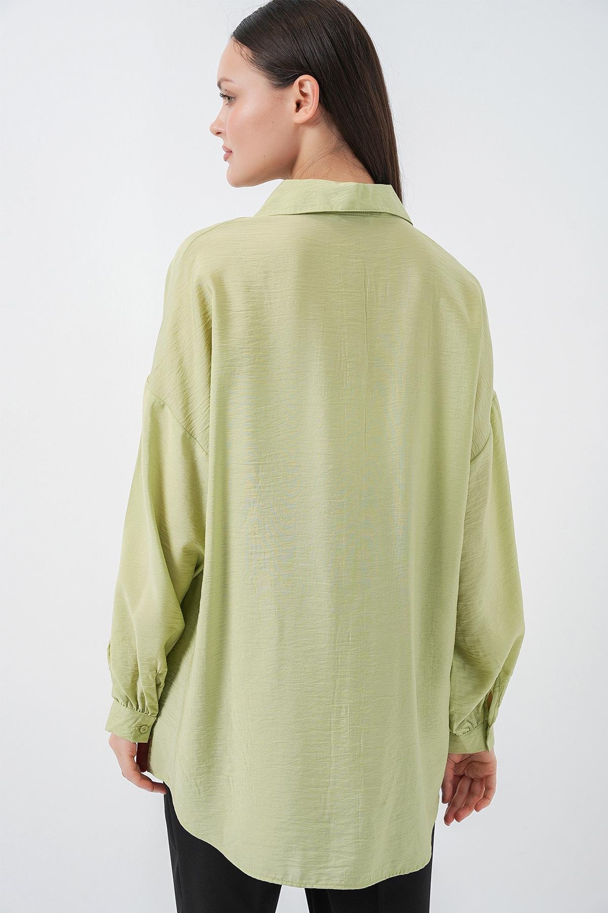 Kadın Uzun Oversize Gömlek 5965 - E.Yeşil