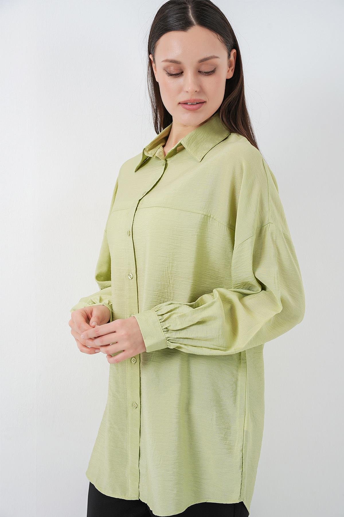 Kadın Uzun Oversize Gömlek 5965 - E.Yeşil