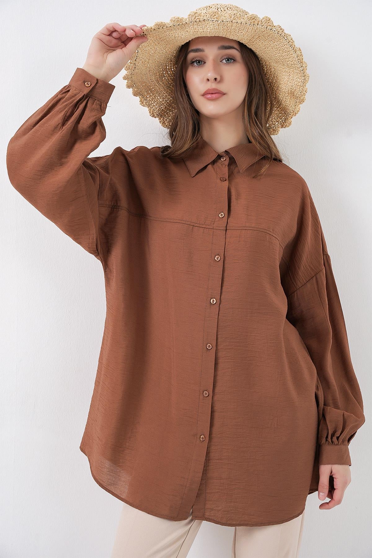Kadın Uzun Oversize Gömlek 5965 - Sütlü Kahve
